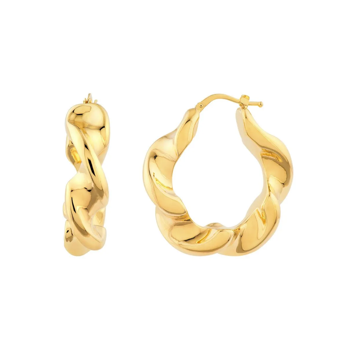 14K Yellow Gold Wide Twist Puff Hoop Earrings