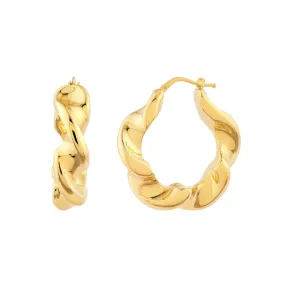 14K Yellow Gold Wide Twist Puff Hoop Earrings