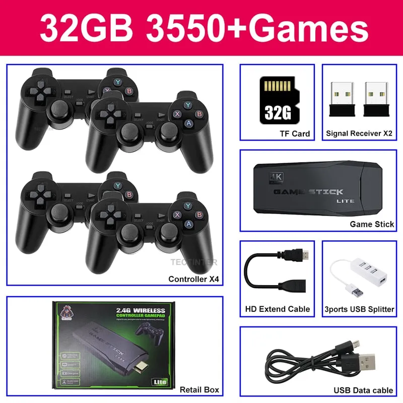 4K TV Game Stick Video Game Console For PS1/GBA/FC 10000  Games Handheld Game Console With 4 Gamepads Wireless Controller