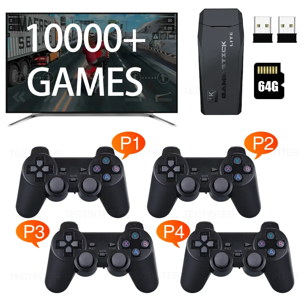 4K TV Game Stick Video Game Console For PS1/GBA/FC 10000  Games Handheld Game Console With 4 Gamepads Wireless Controller