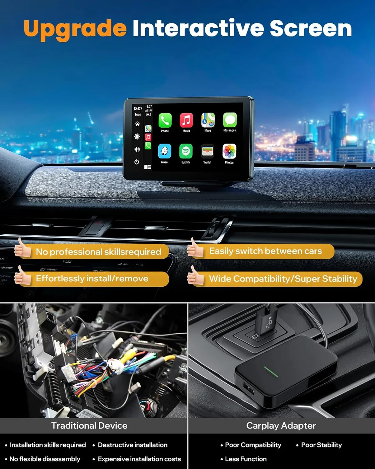 7'' Car Stereo 2.5D Wireless Apple Carplay & Android Auto with 1080P Backup Camera, Airplay and Bluetooth