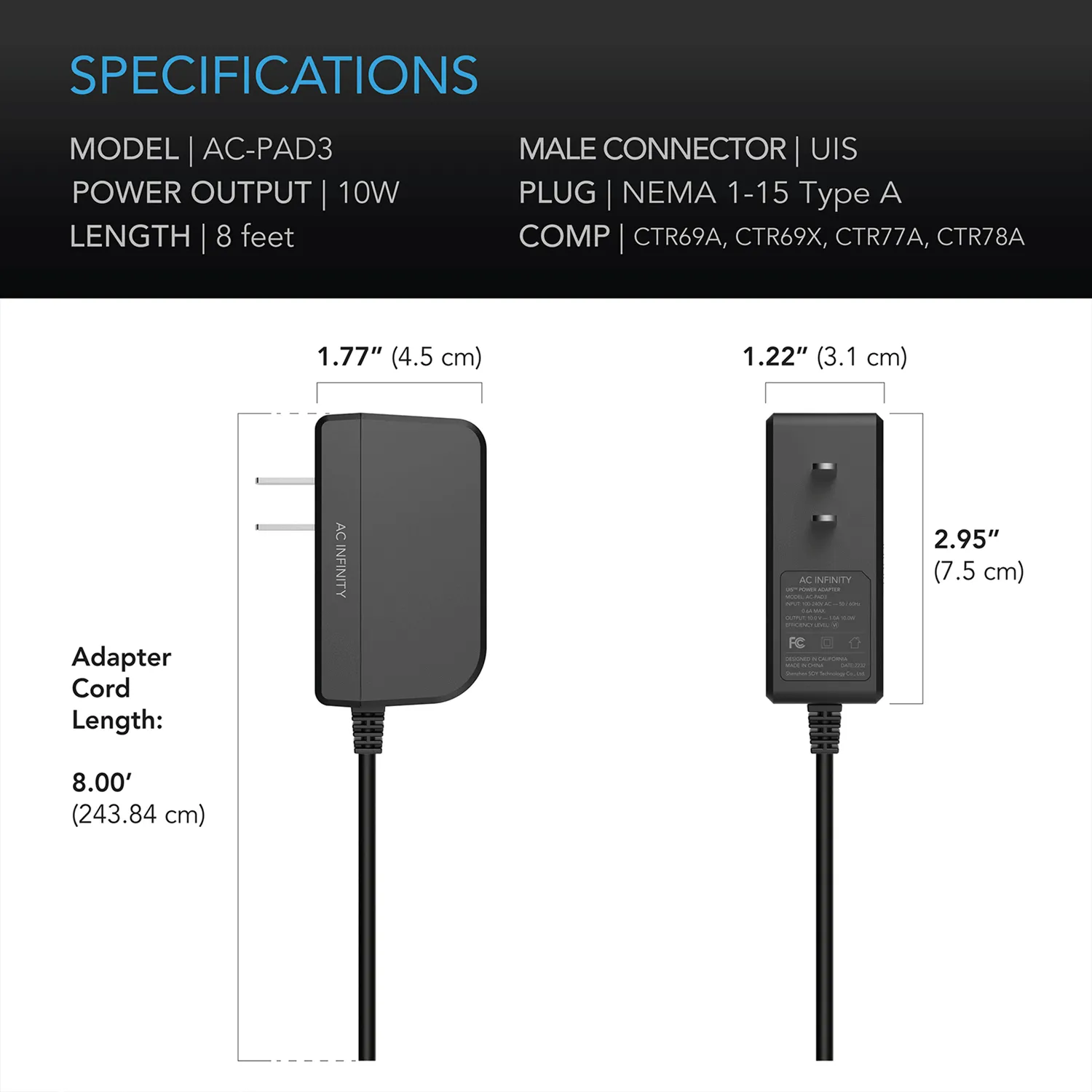 AC Infinity UIS Power Adapter for Controllers not powered by UIS devices