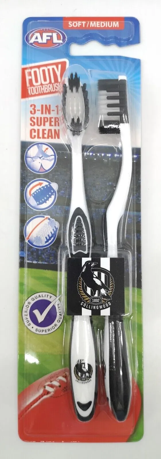 AFL Adult Toothbrush Twin Pack - Collingwood Magpies - Set of Two - Soft/Medium