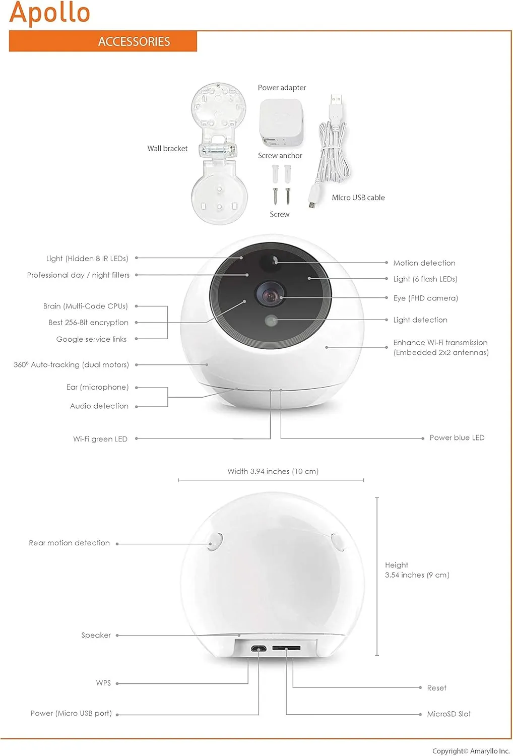 Amaryllo ACR1501R12WHay Apollo Biometric 360° Auto Tracking PTZ Wi-Fi Security Camera, White-JE