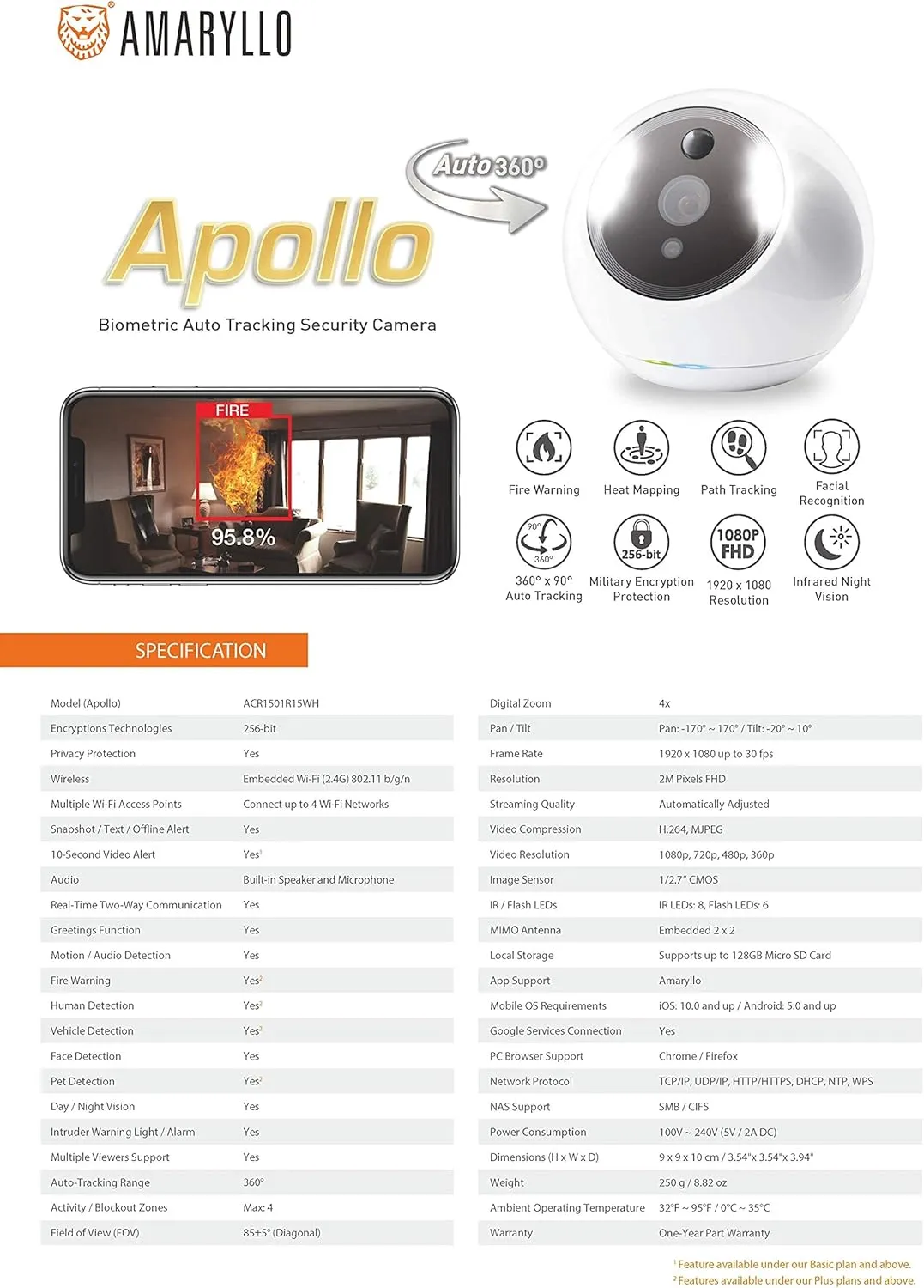 Amaryllo ACR1501R12WHay Apollo Biometric 360° Auto Tracking PTZ Wi-Fi Security Camera, White-JE