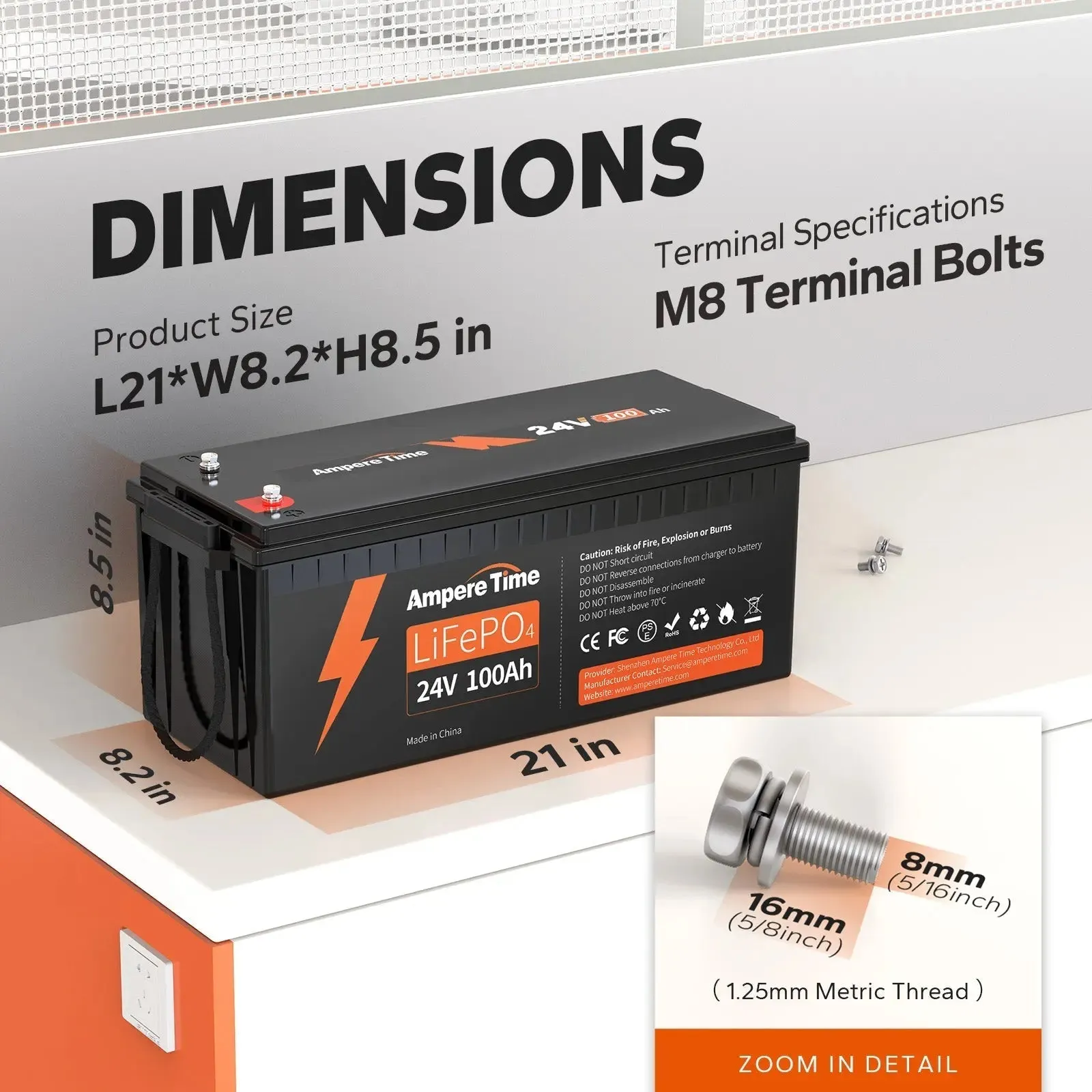 Ampere Time 24V 100Ah, 2560Wh Lithium LiFePO4 Battery & Built In 100A BMS