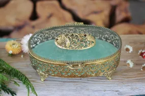 Antique Turquoise Oval Floral Dogwood Jewelry Box