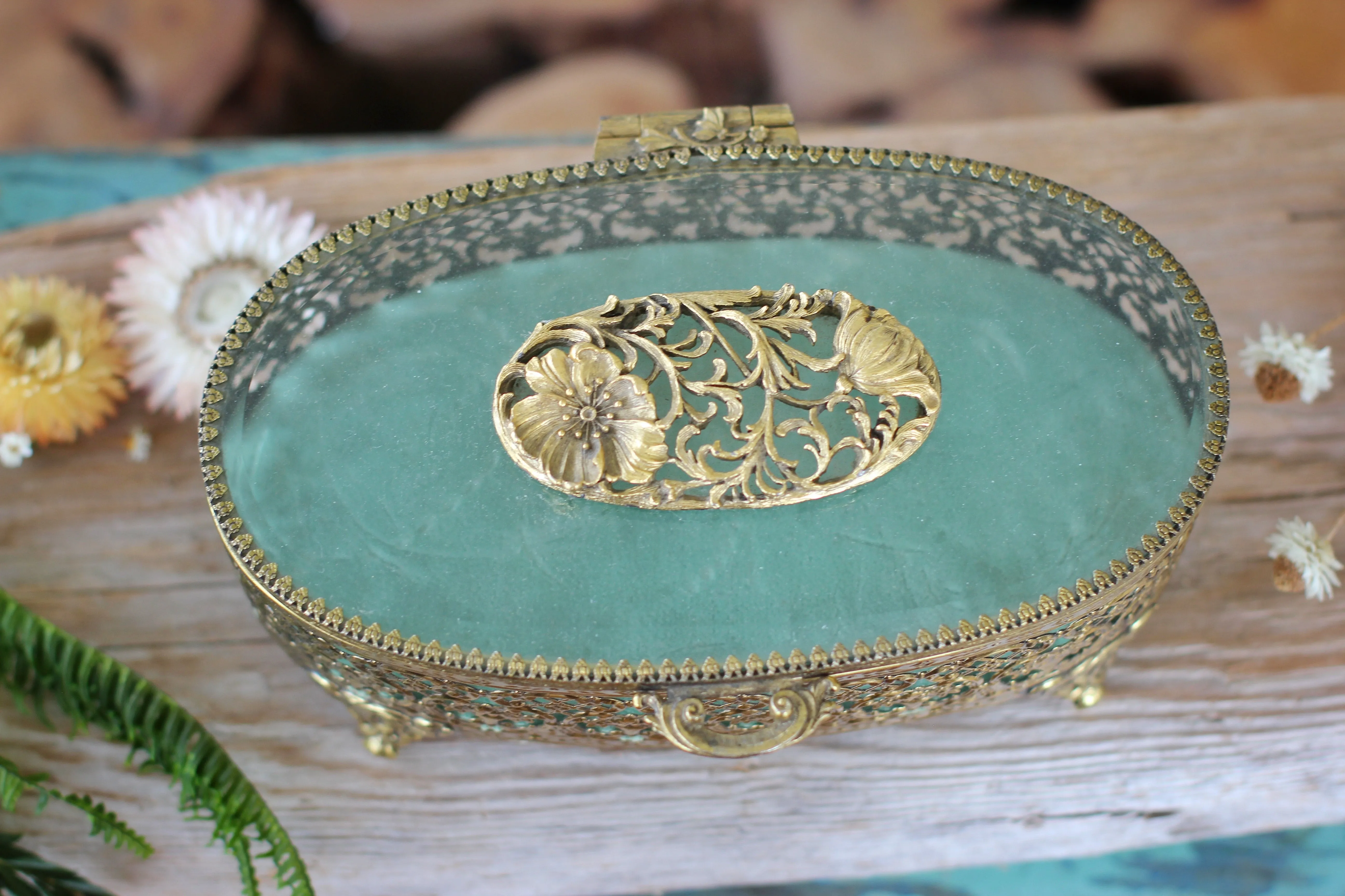 Antique Turquoise Oval Floral Dogwood Jewelry Box