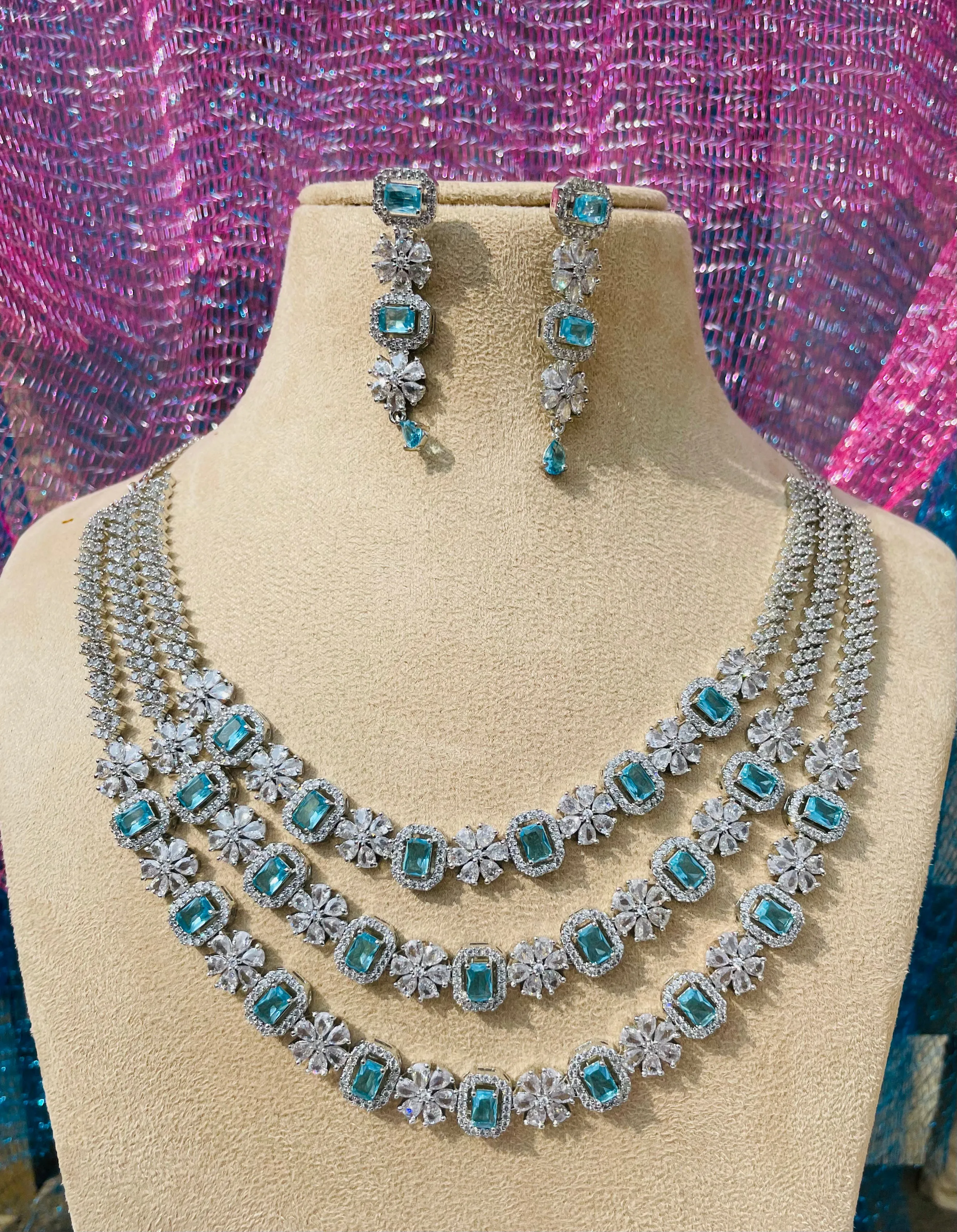 AQUA TRIPLE LAYERED NECKLACE-Elegance49