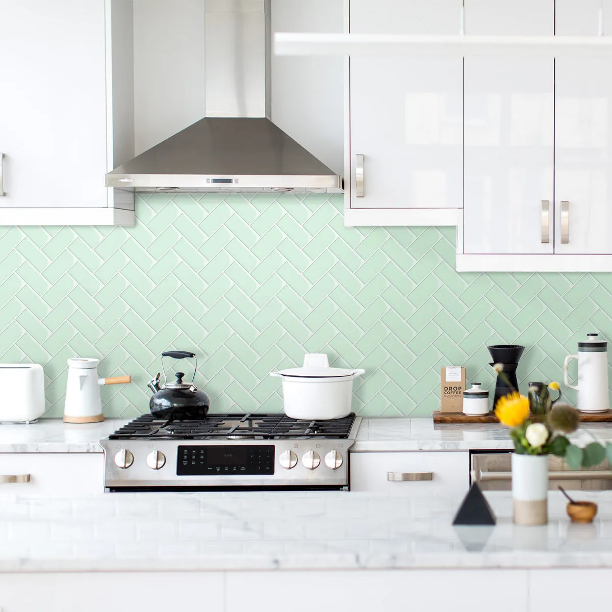 Aqua/Green Herringbone Peel and Stick Tile Backsplash - Thicker Design