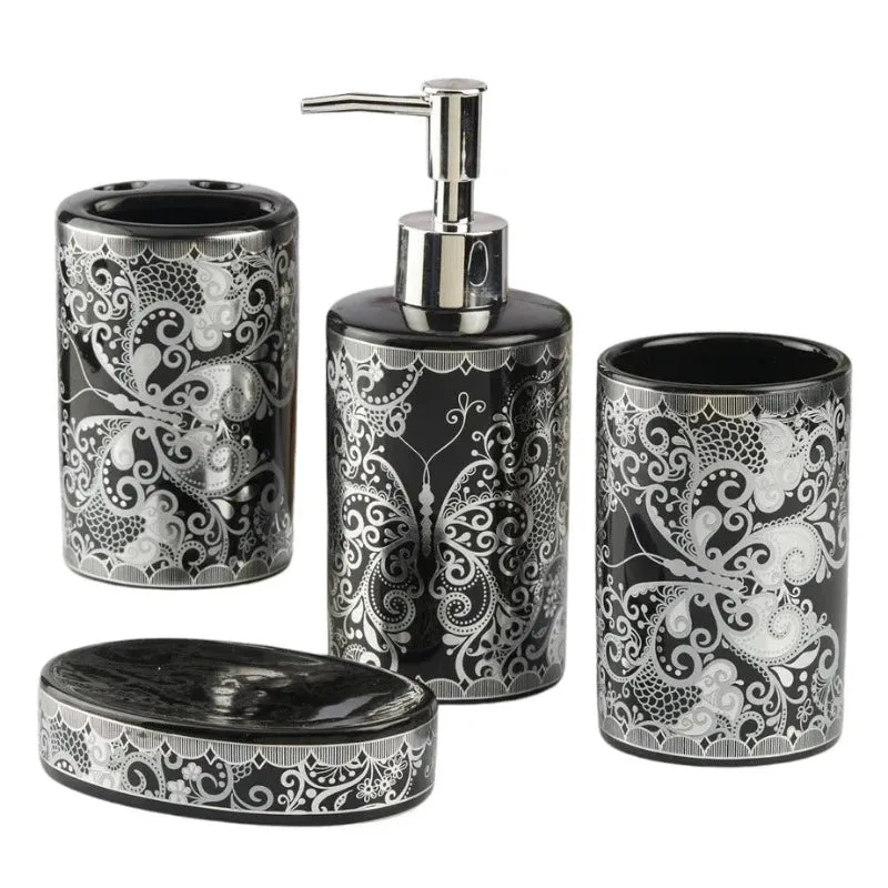 Bathroom Set Butterfly Black & Silver (Set of 4)