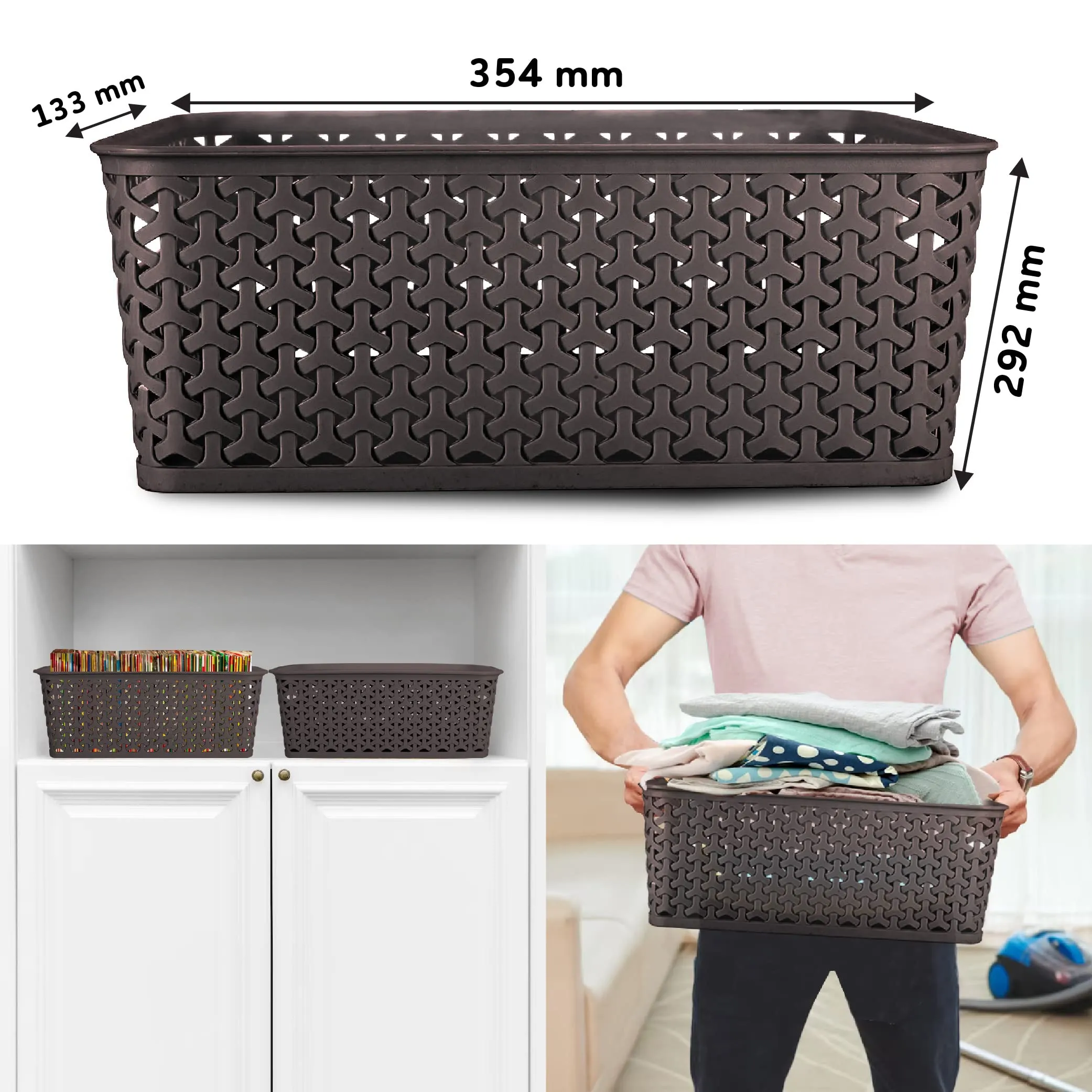 Bel Casa Medium Size Baskets Set Pack of 3 Royal Basket Multipurpose Plastic Storage Baskets for Wardrobe / Home / Kitchen - Dark Brown