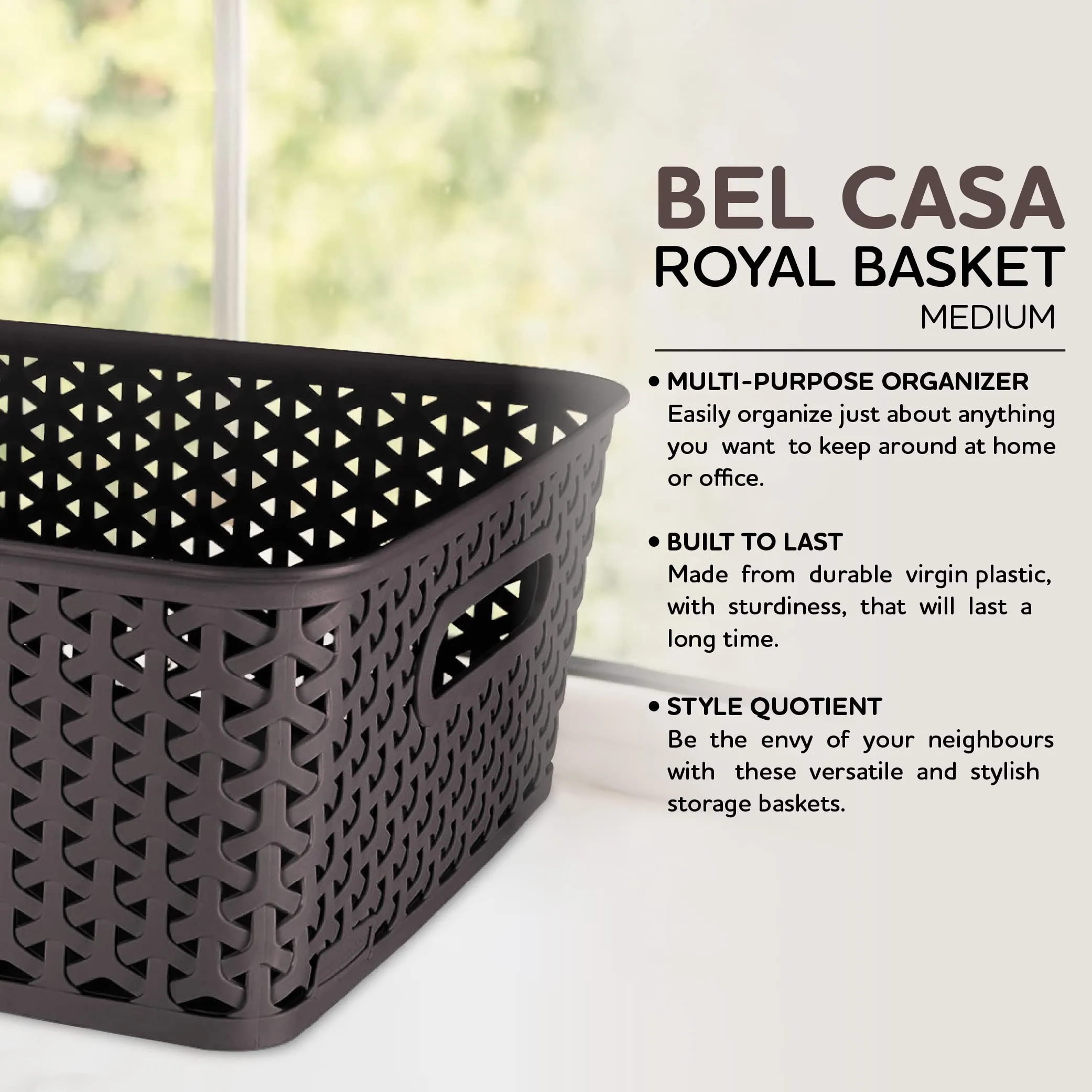 Bel Casa Medium Size Baskets Set Pack of 3 Royal Basket Multipurpose Plastic Storage Baskets for Wardrobe / Home / Kitchen - Dark Brown