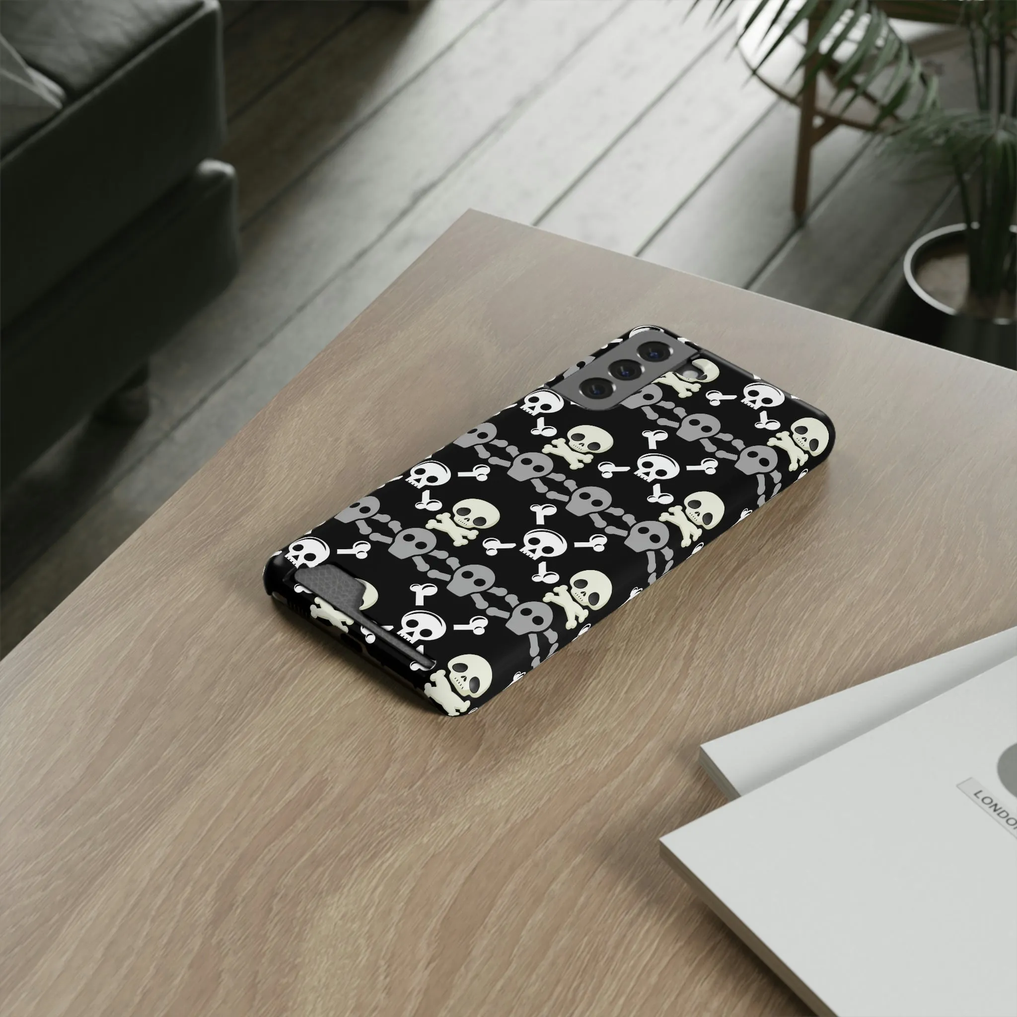 Black Skull Crossbones Phone Case With Card Holder