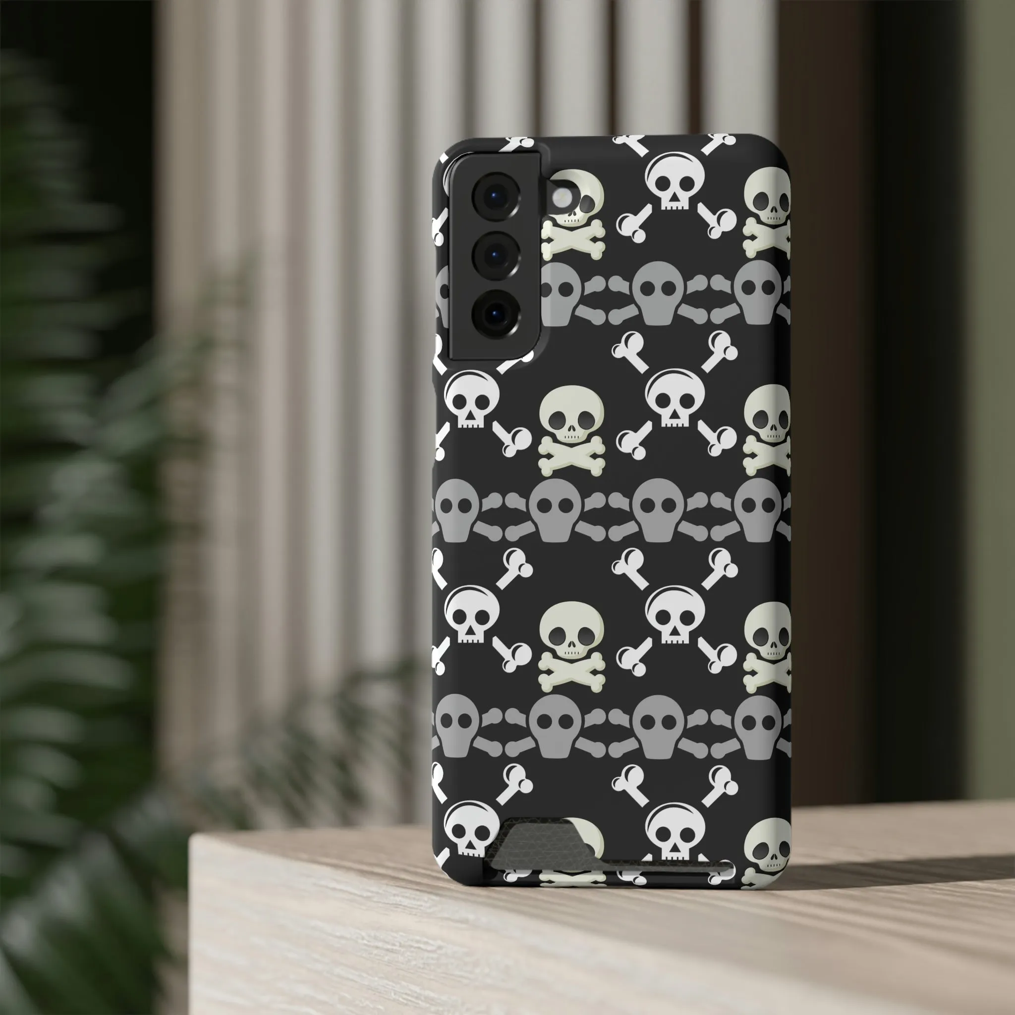 Black Skull Crossbones Phone Case With Card Holder