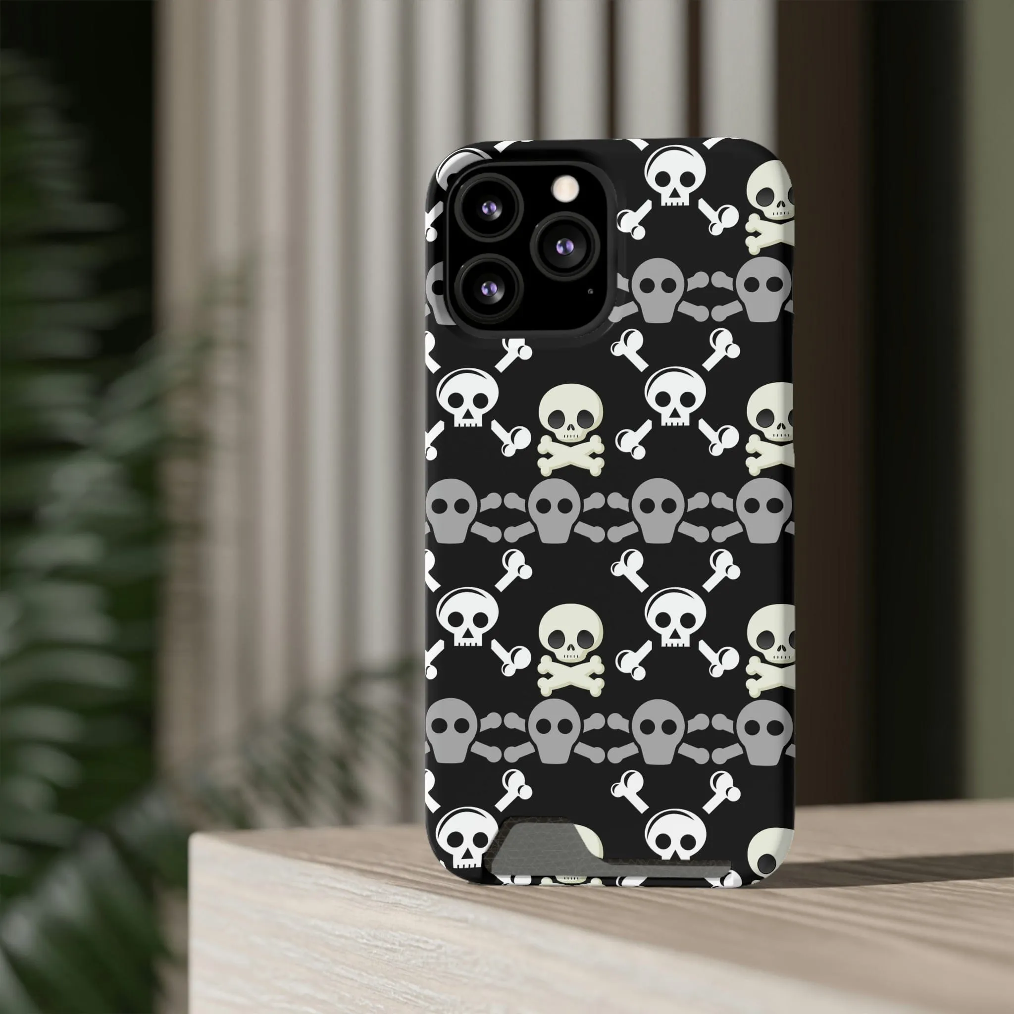 Black Skull Crossbones Phone Case With Card Holder