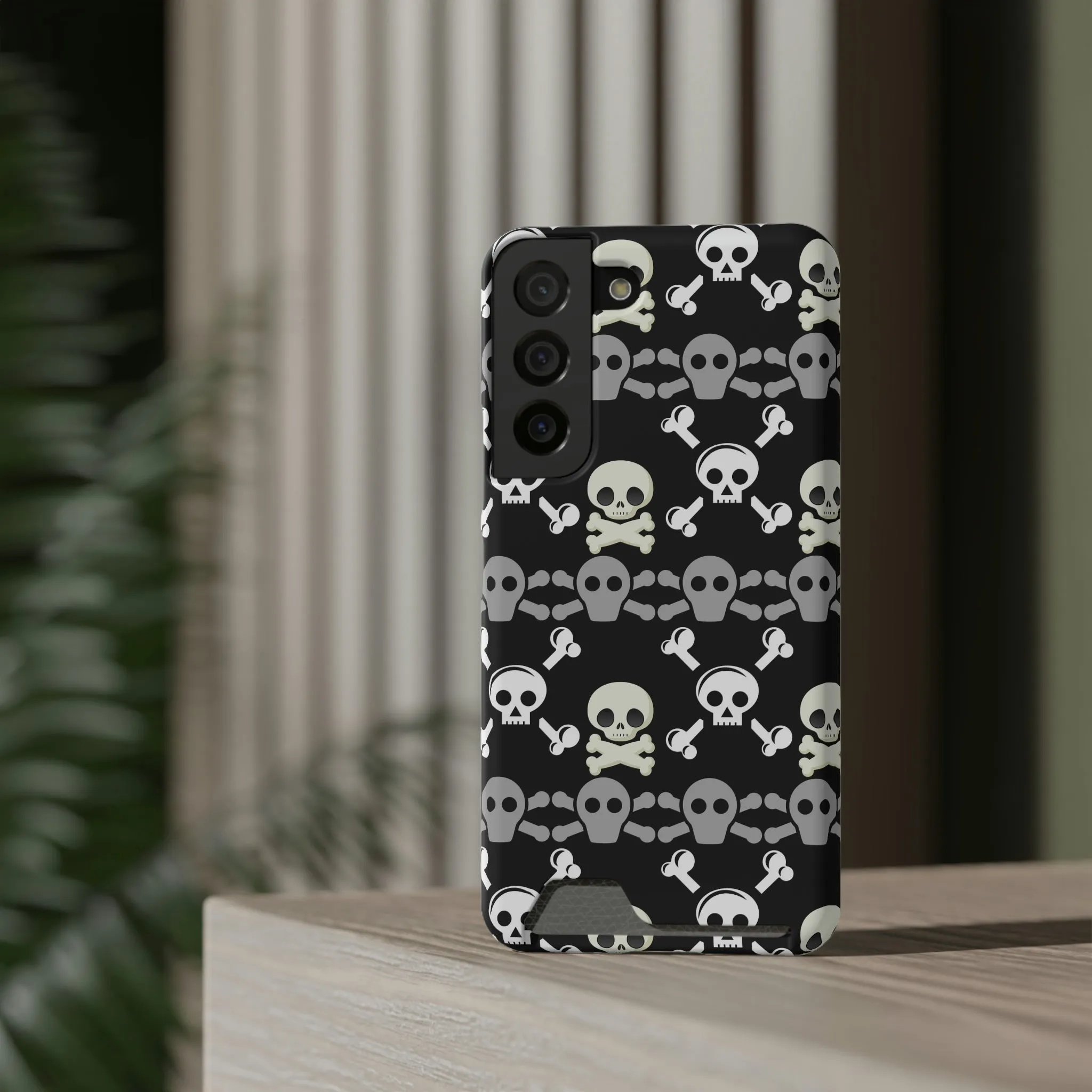 Black Skull Crossbones Phone Case With Card Holder