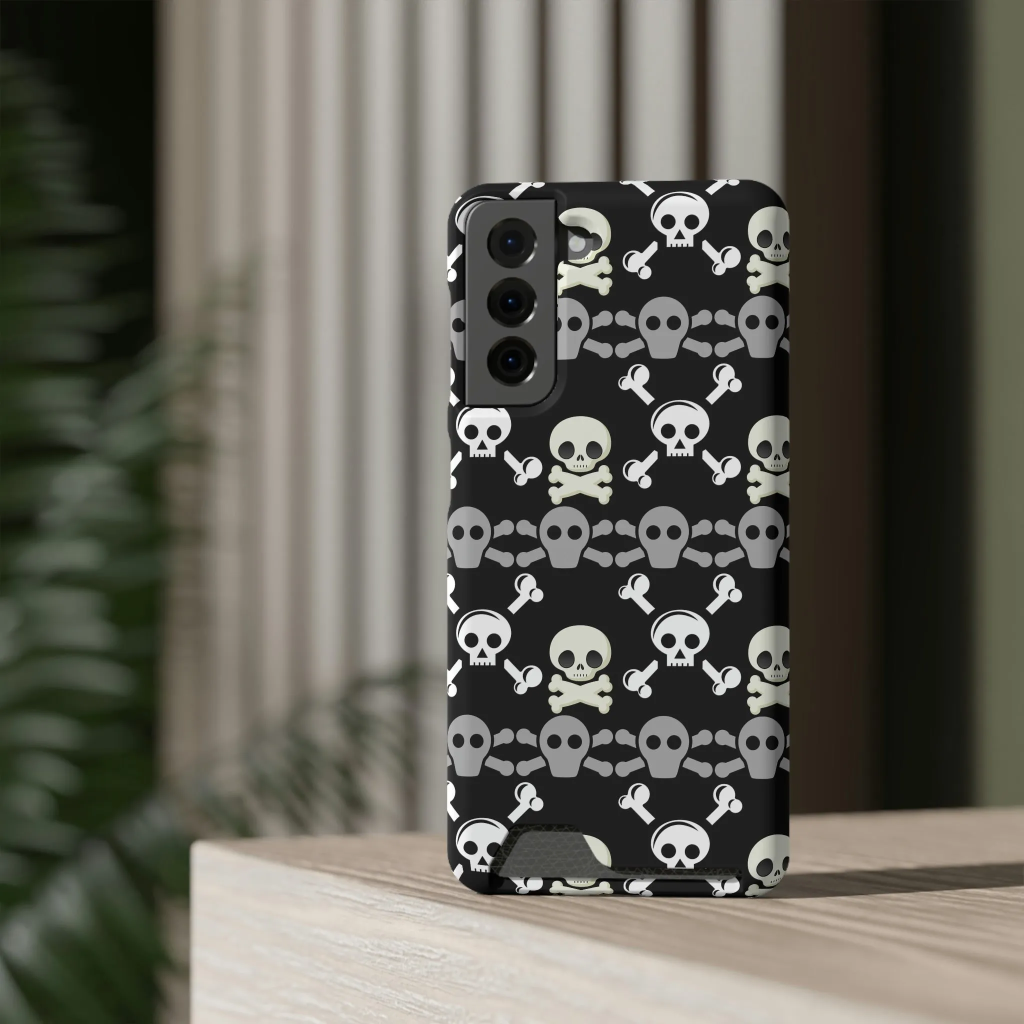 Black Skull Crossbones Phone Case With Card Holder