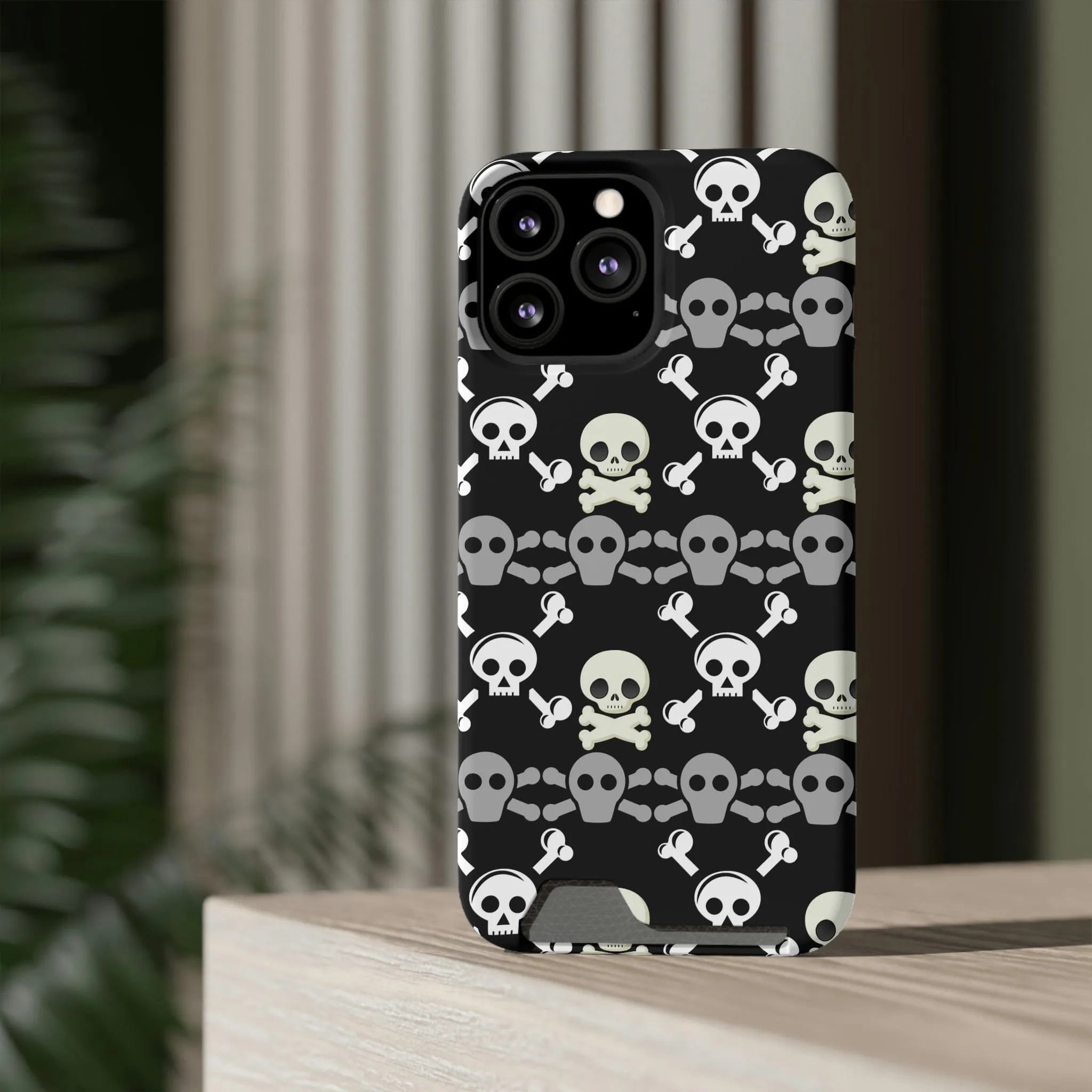 Black Skull Crossbones Phone Case With Card Holder