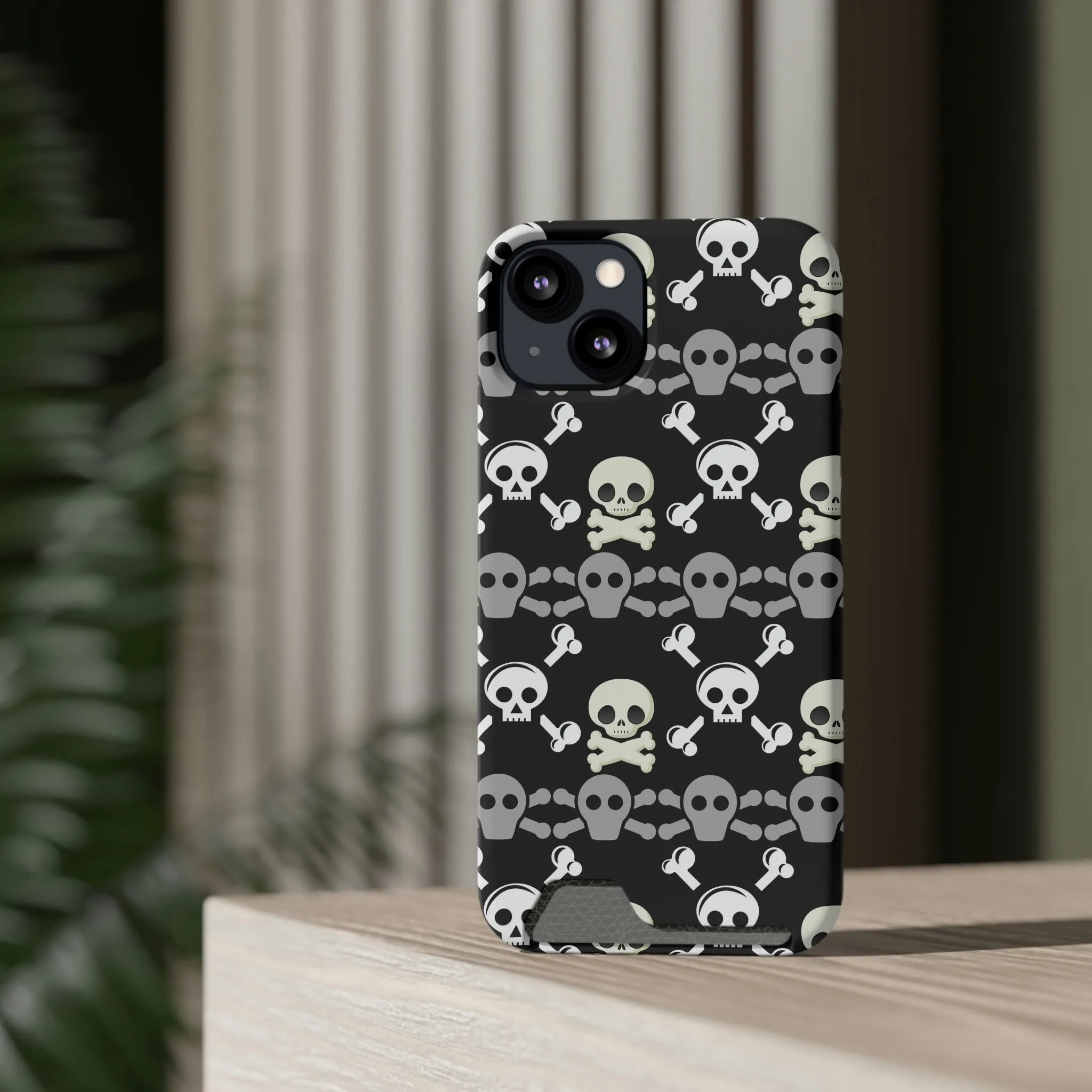 Black Skull Crossbones Phone Case With Card Holder