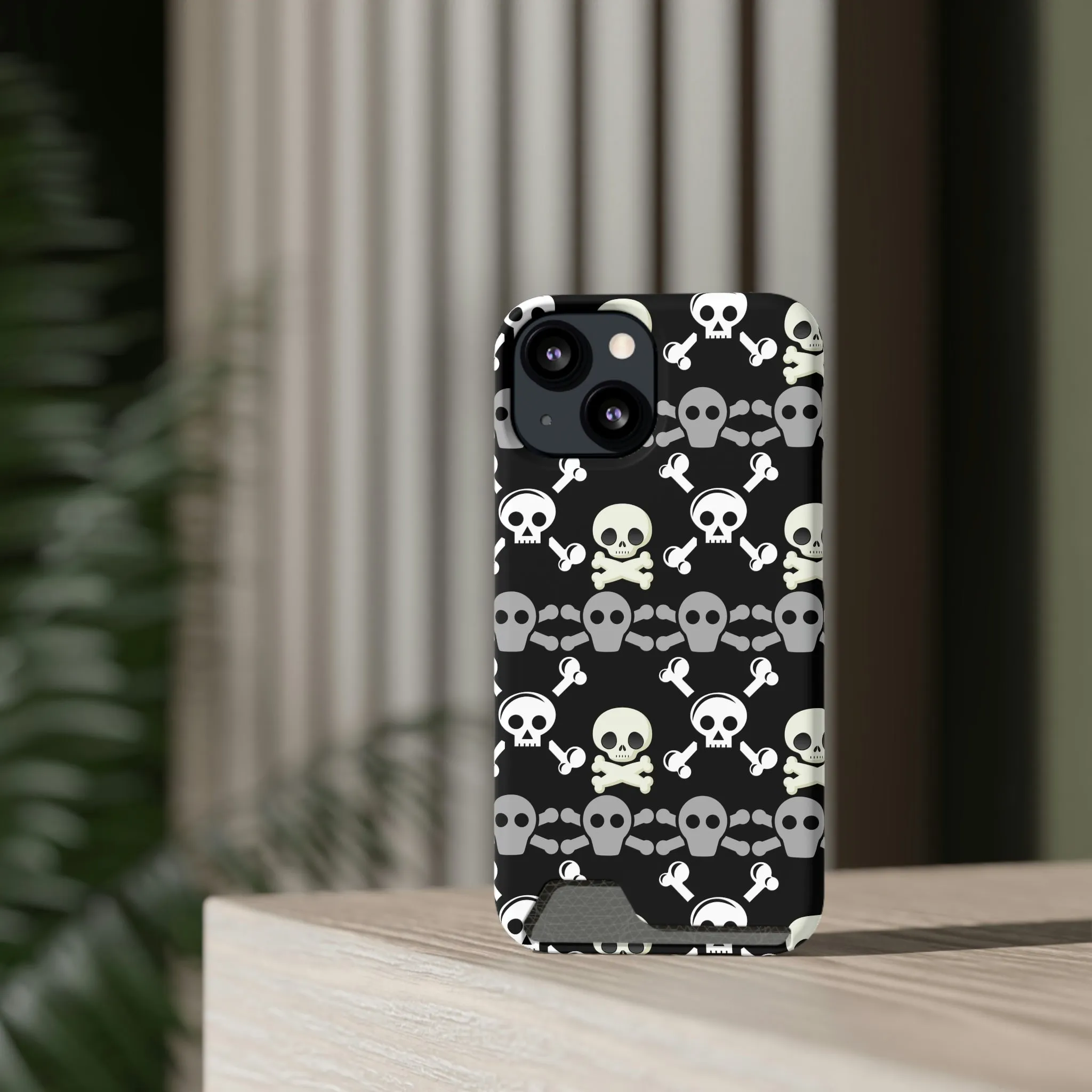 Black Skull Crossbones Phone Case With Card Holder