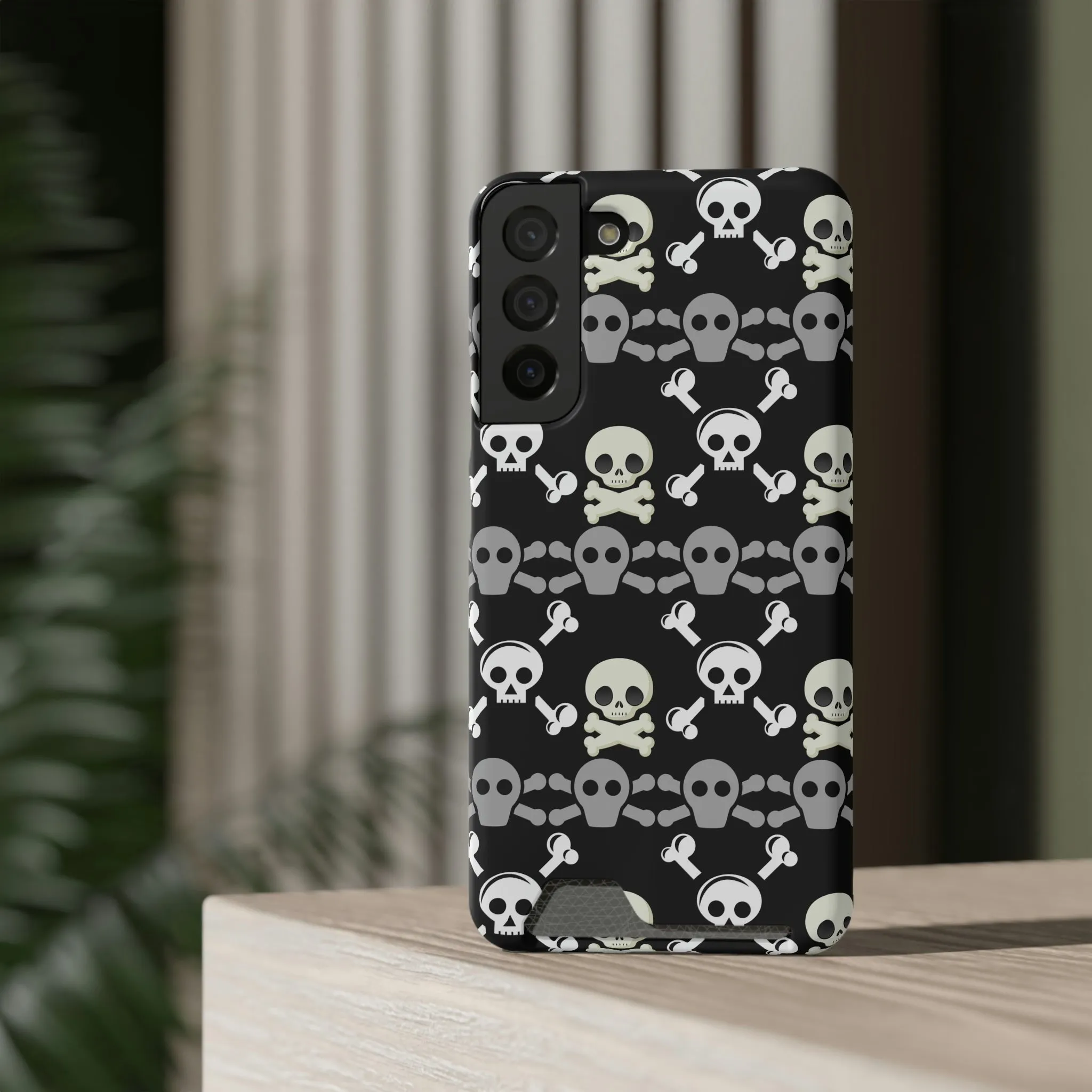 Black Skull Crossbones Phone Case With Card Holder