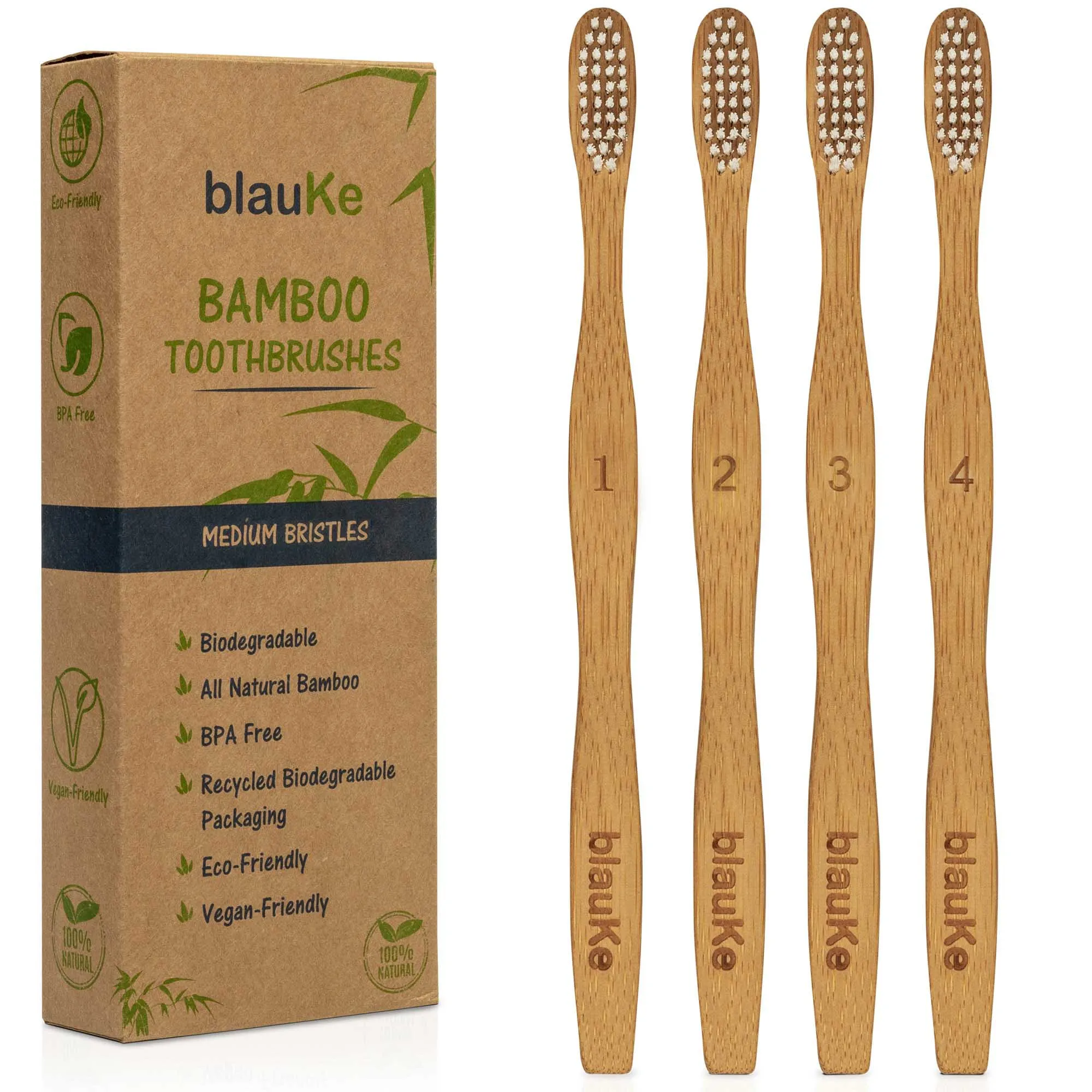 blauKe Bamboo Toothbrush Set 4-Pack - Medium Bristle