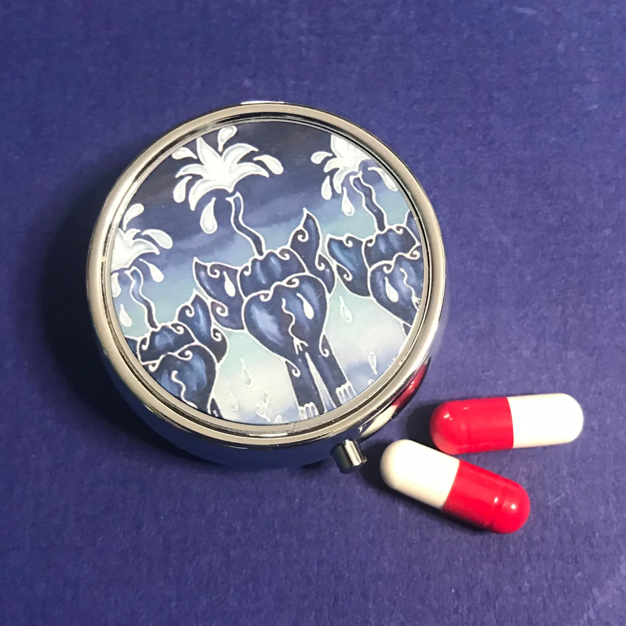 Blue Elephants Pill Box - Fun Elephant Navy Round Box - Stud Earing Jewellery Box