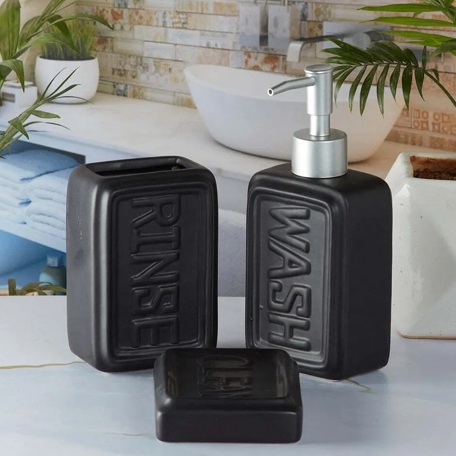 Ceramic Bathroom Set - Engraved - Black