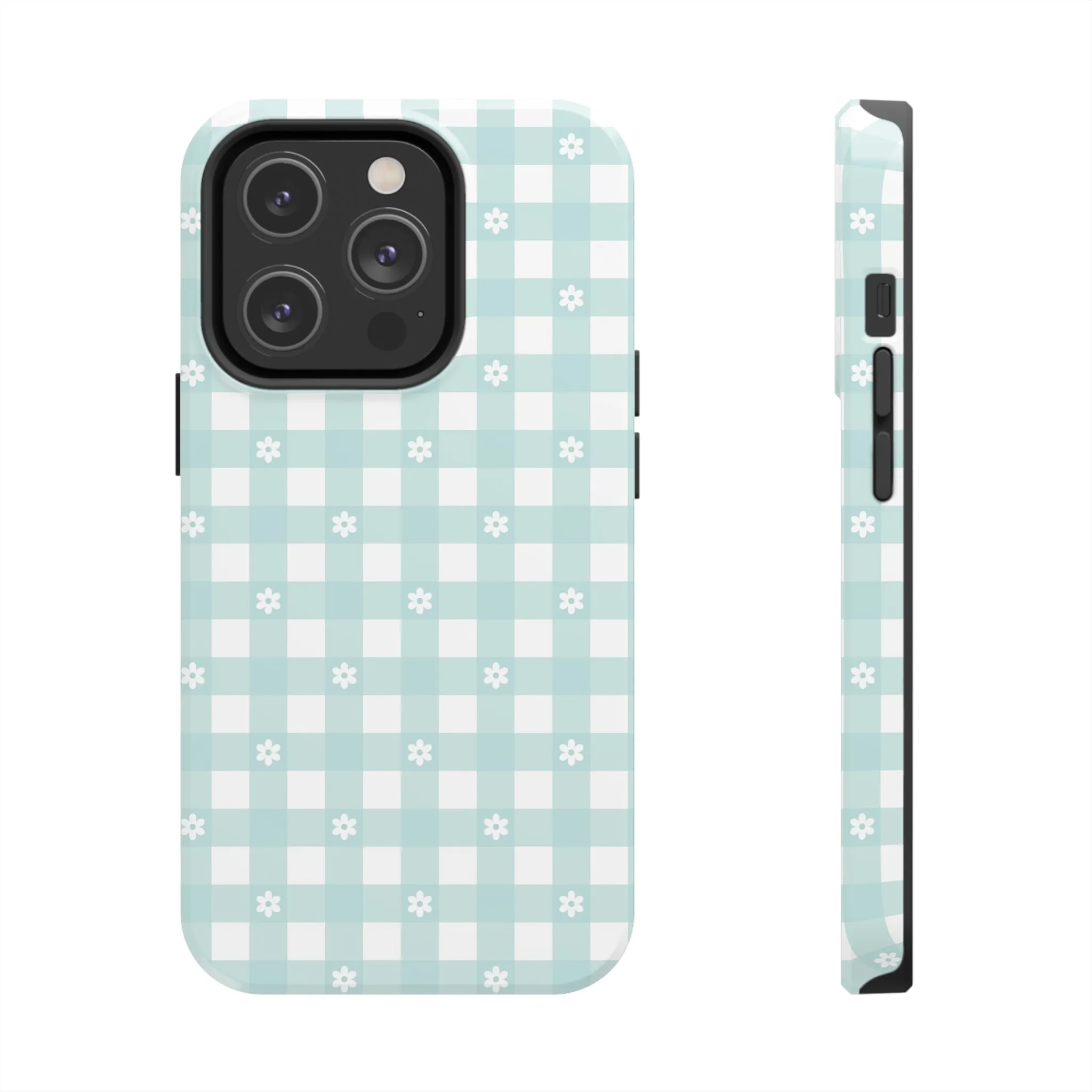 Cute Blue and White Gingham with Daisies Digital print Design Tough Phone Case compatible with a large variety of iPhone models, Gift, Phone Case