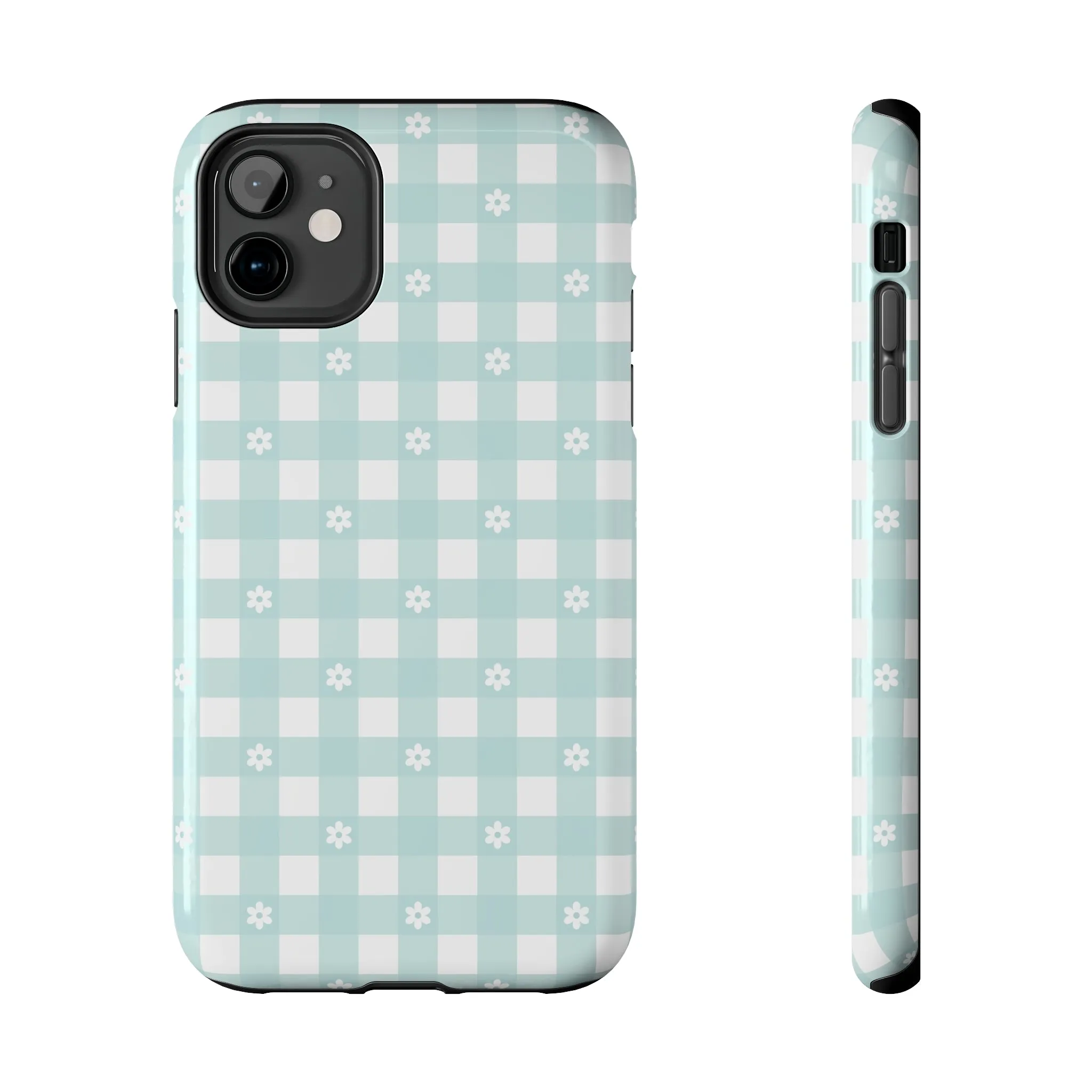 Cute Blue and White Gingham with Daisies Digital print Design Tough Phone Case compatible with a large variety of iPhone models, Gift, Phone Case