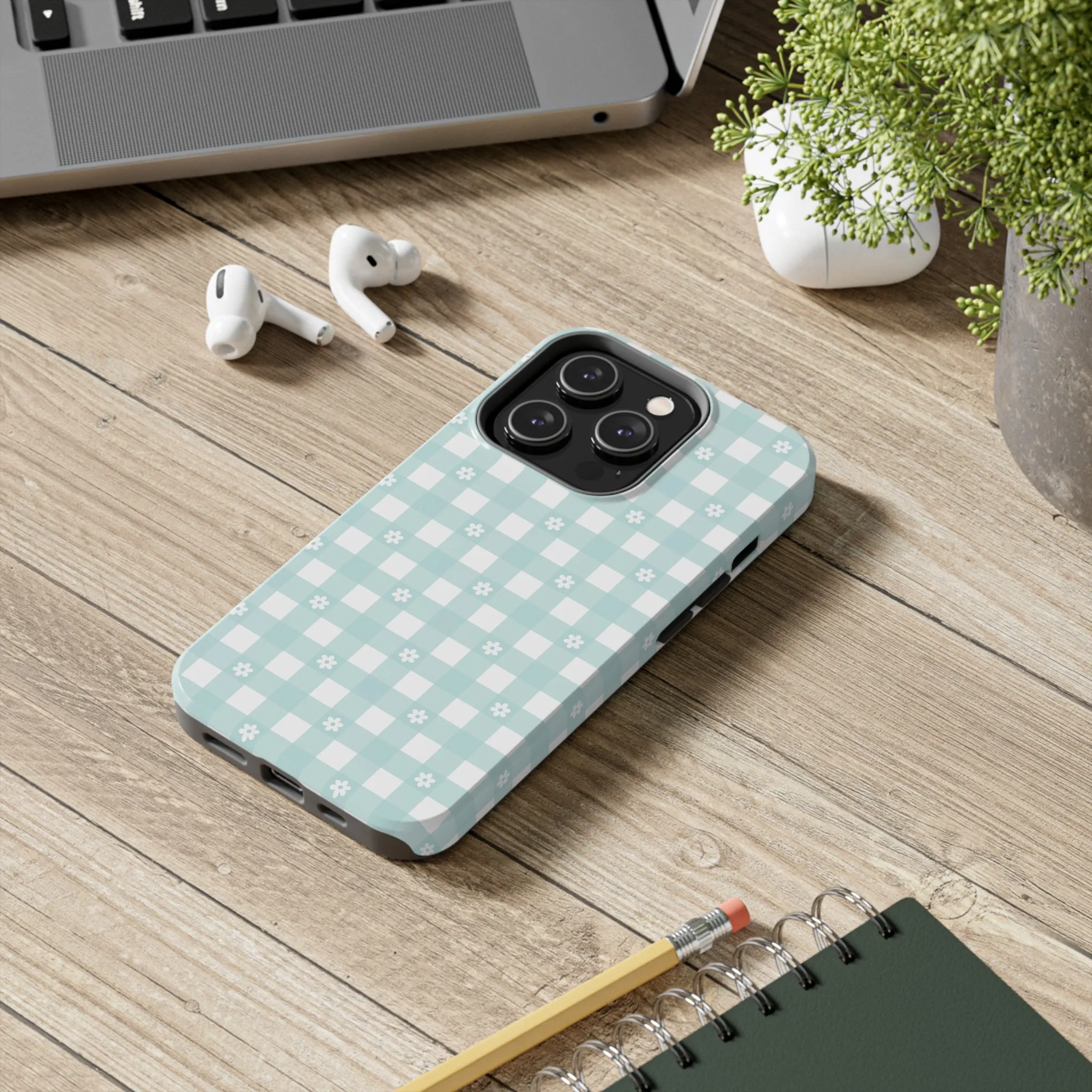 Cute Blue and White Gingham with Daisies Digital print Design Tough Phone Case compatible with a large variety of iPhone models, Gift, Phone Case