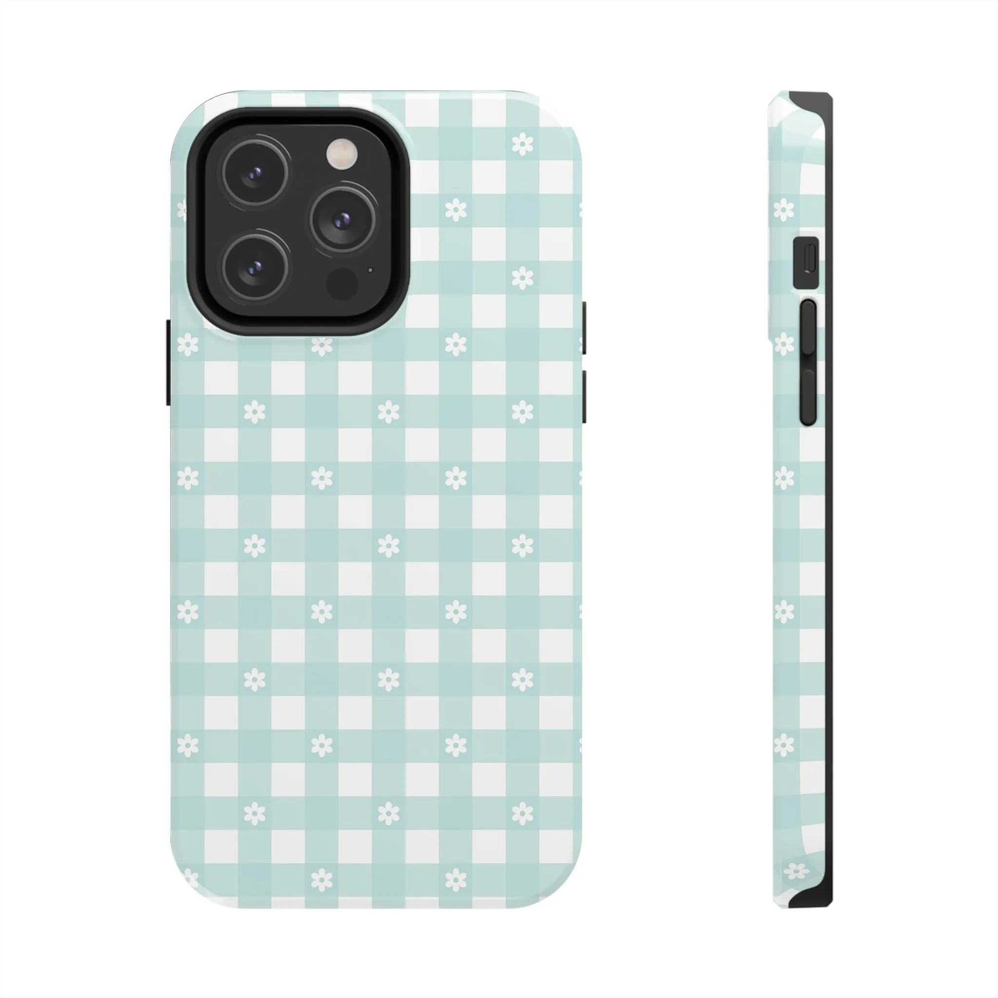 Cute Blue and White Gingham with Daisies Digital print Design Tough Phone Case compatible with a large variety of iPhone models, Gift, Phone Case