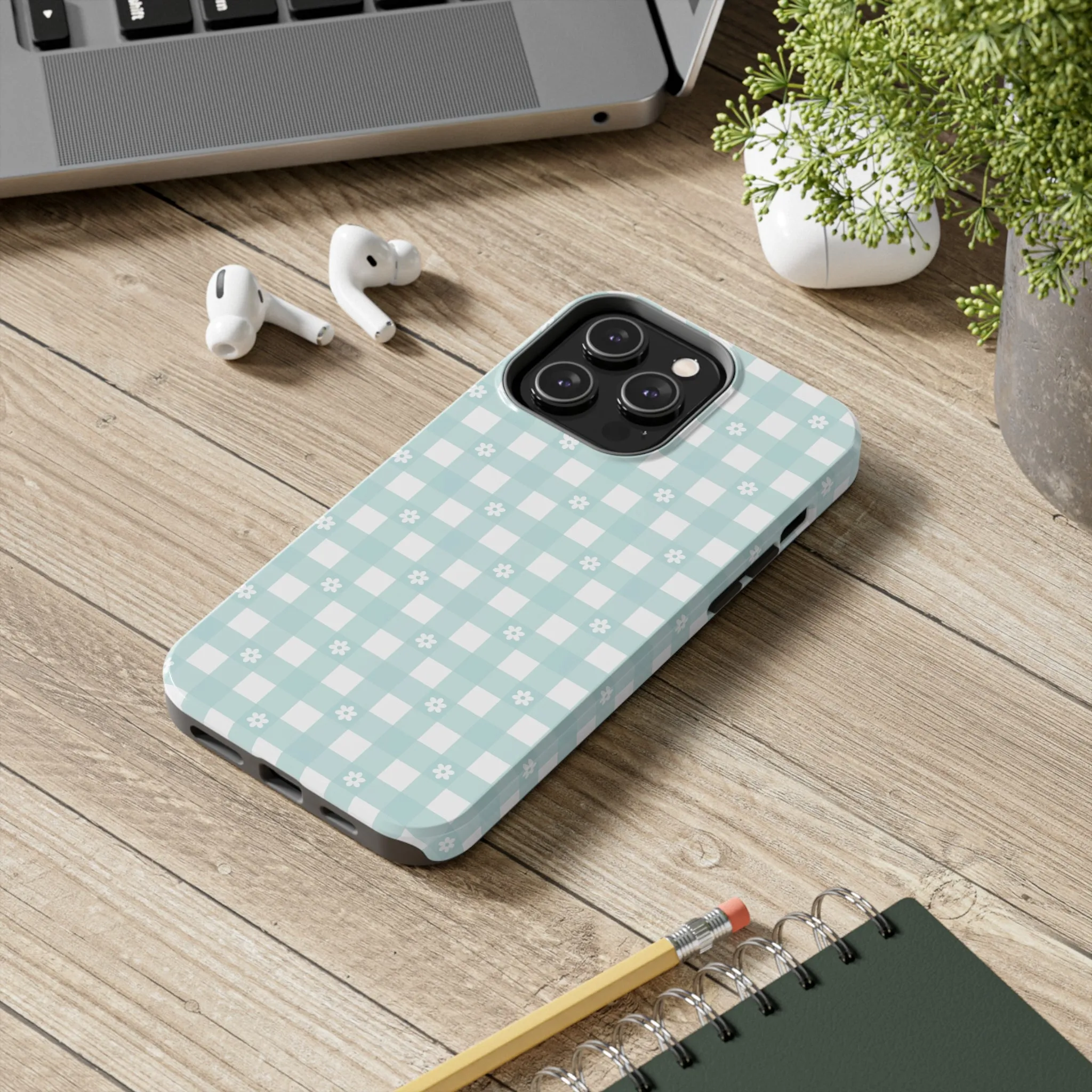 Cute Blue and White Gingham with Daisies Digital print Design Tough Phone Case compatible with a large variety of iPhone models, Gift, Phone Case