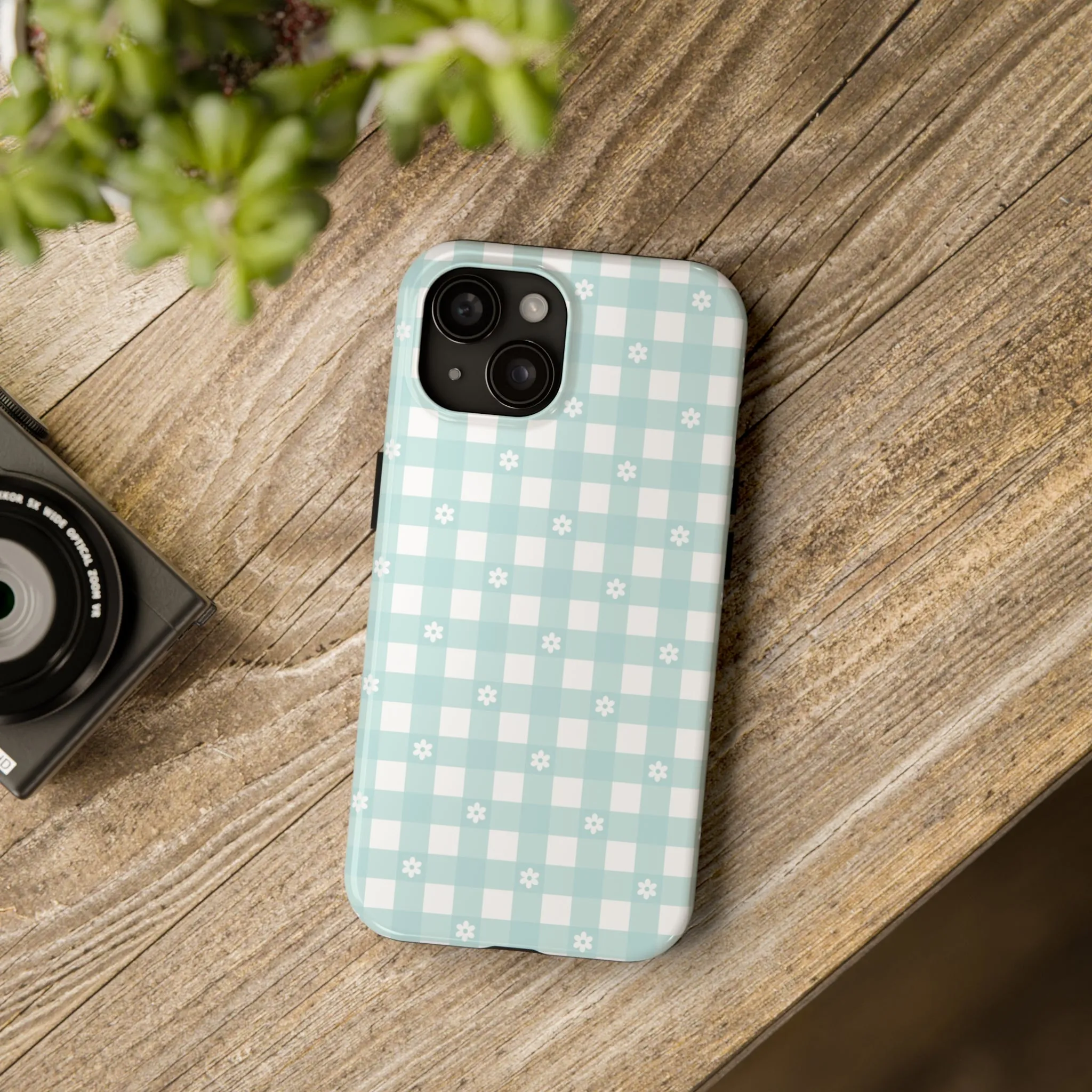 Cute Blue and White Gingham with Daisies Digital print Design Tough Phone Case compatible with a large variety of iPhone models, Gift, Phone Case