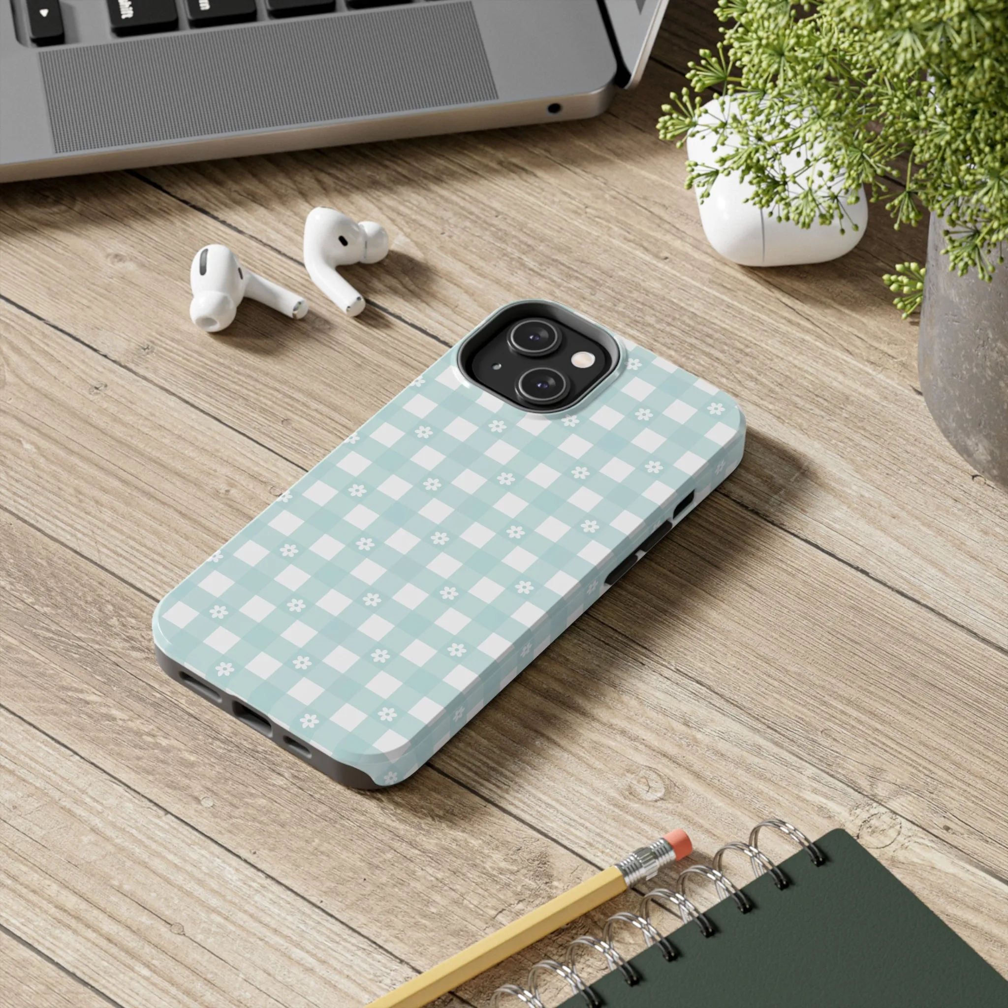 Cute Blue and White Gingham with Daisies Digital print Design Tough Phone Case compatible with a large variety of iPhone models, Gift, Phone Case