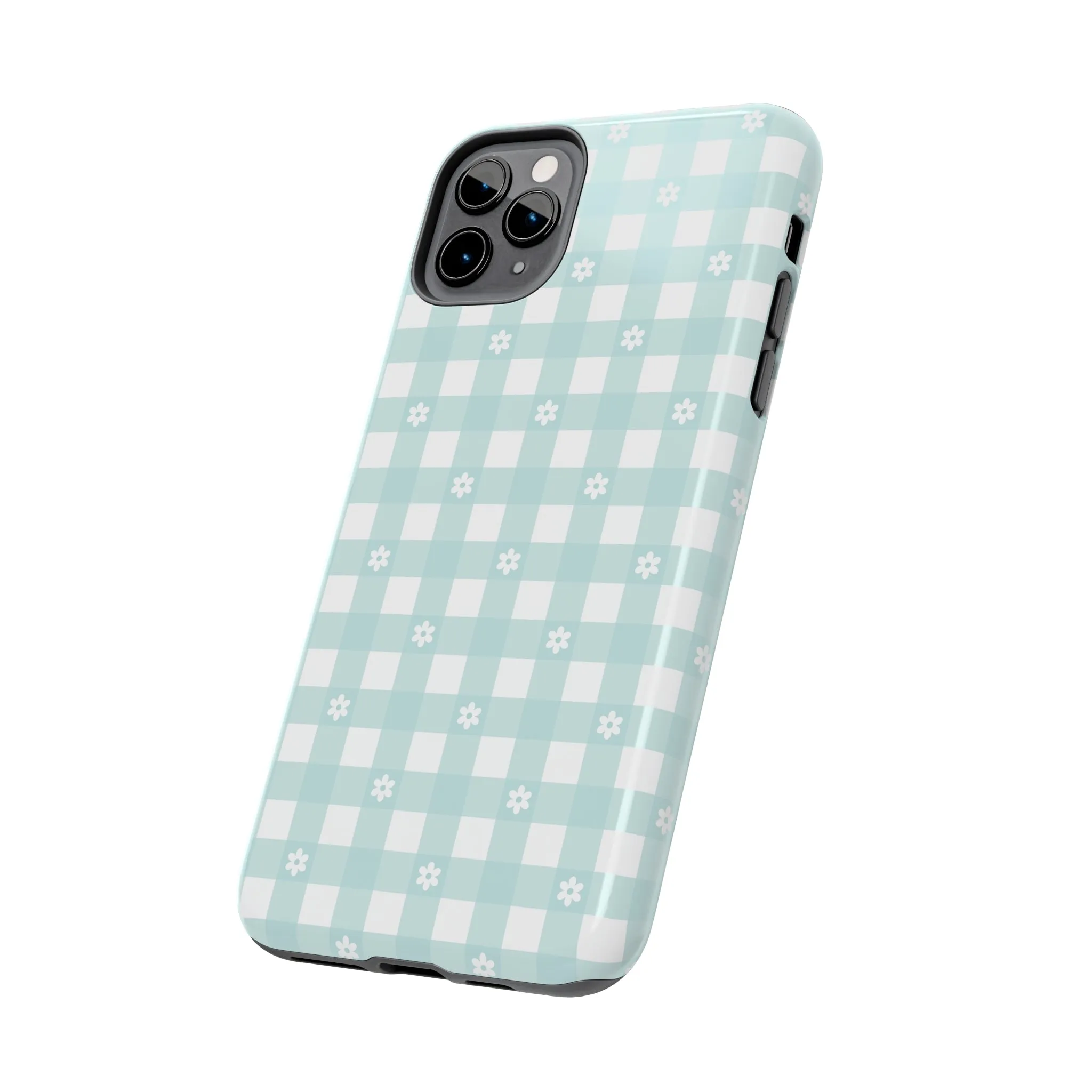 Cute Blue and White Gingham with Daisies Digital print Design Tough Phone Case compatible with a large variety of iPhone models, Gift, Phone Case