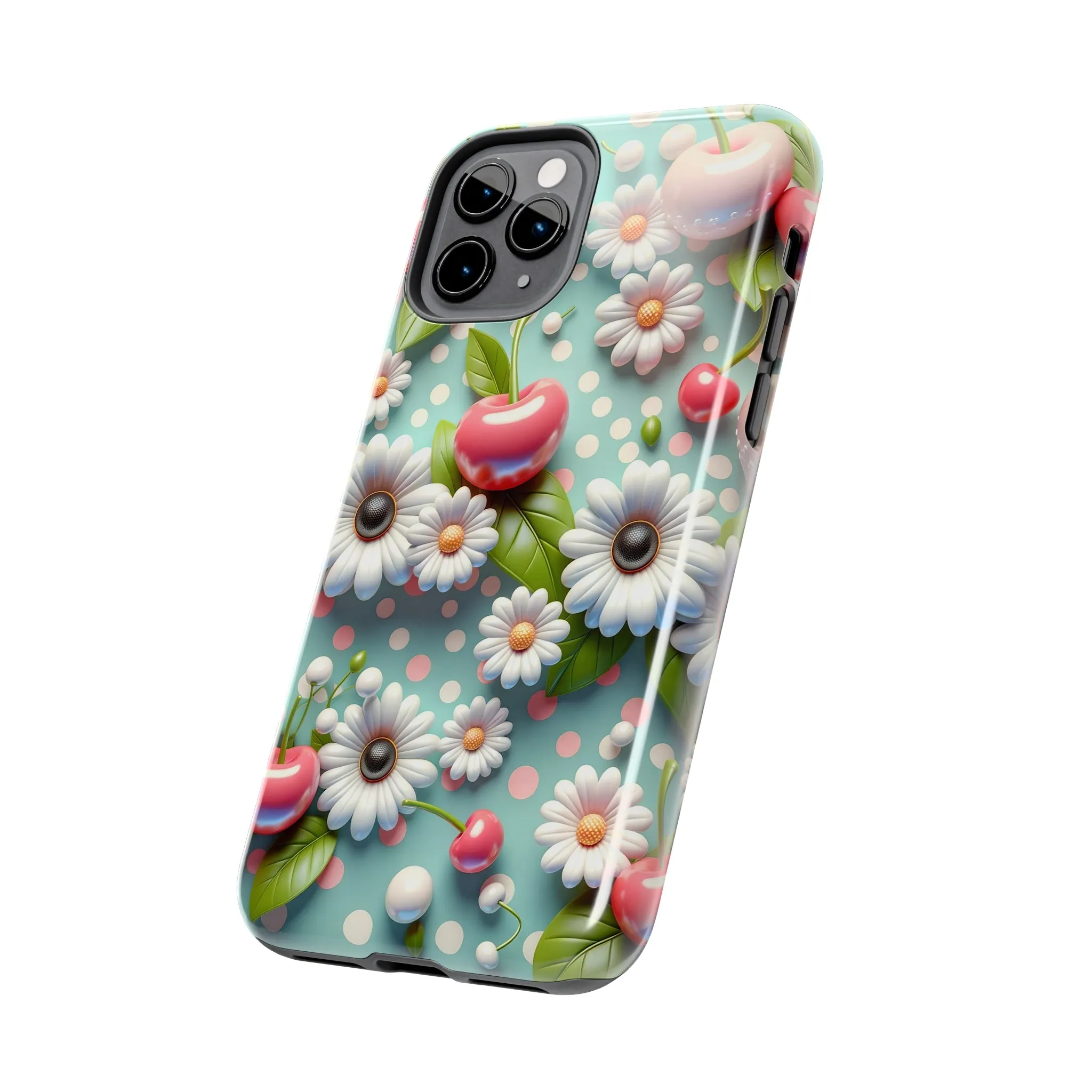 Cute Cherries and Flowers Digital print Design Tough Phone Case compatible with a large variety of iPhone models, Gift, Phone Case