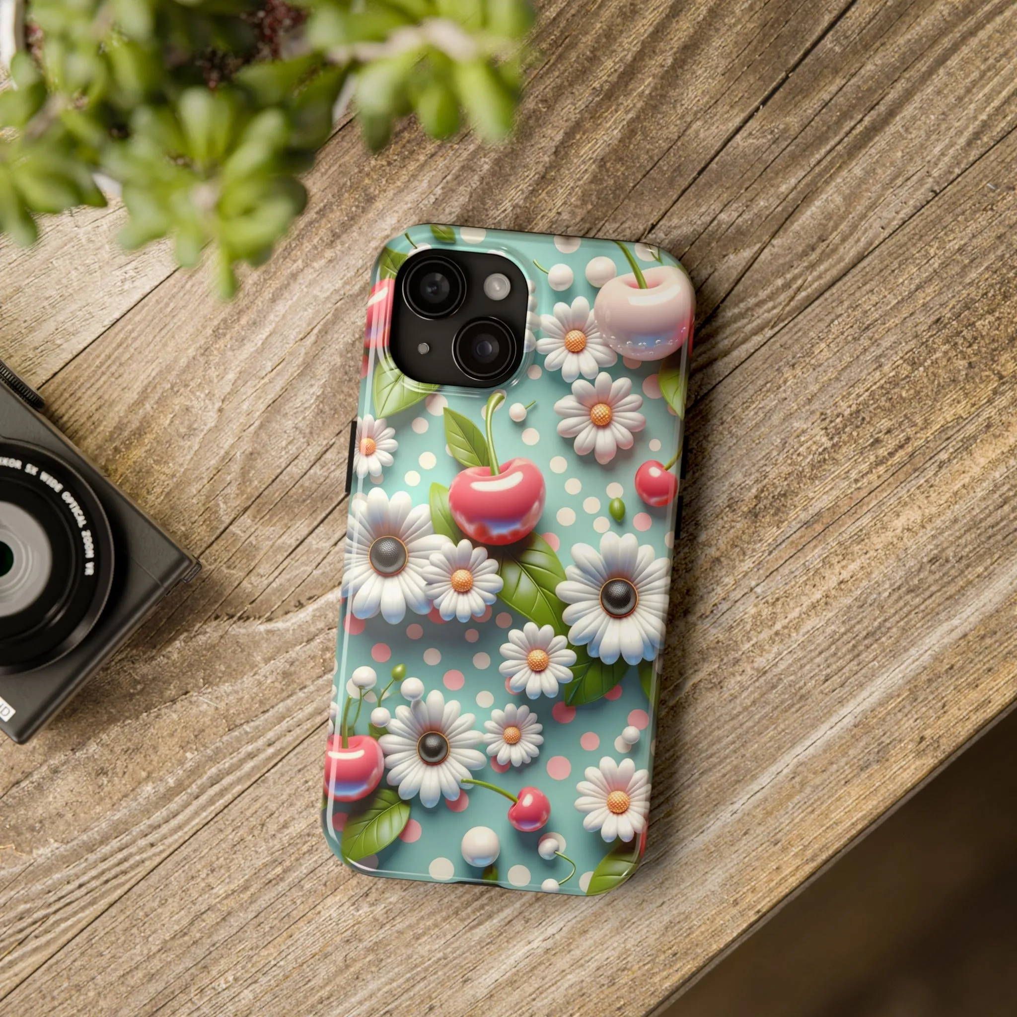 Cute Cherries and Flowers Digital print Design Tough Phone Case compatible with a large variety of iPhone models, Gift, Phone Case