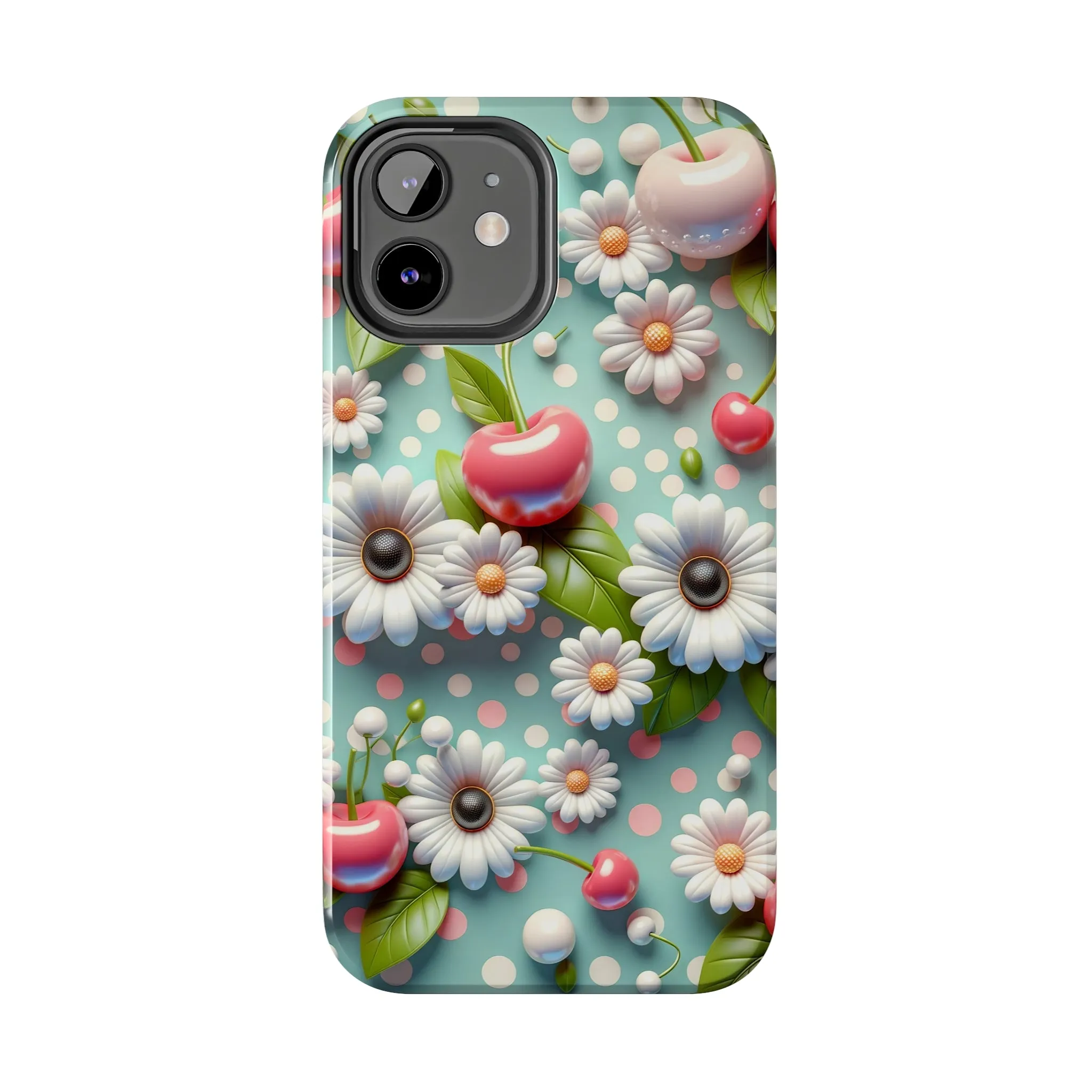 Cute Cherries and Flowers Digital print Design Tough Phone Case compatible with a large variety of iPhone models, Gift, Phone Case