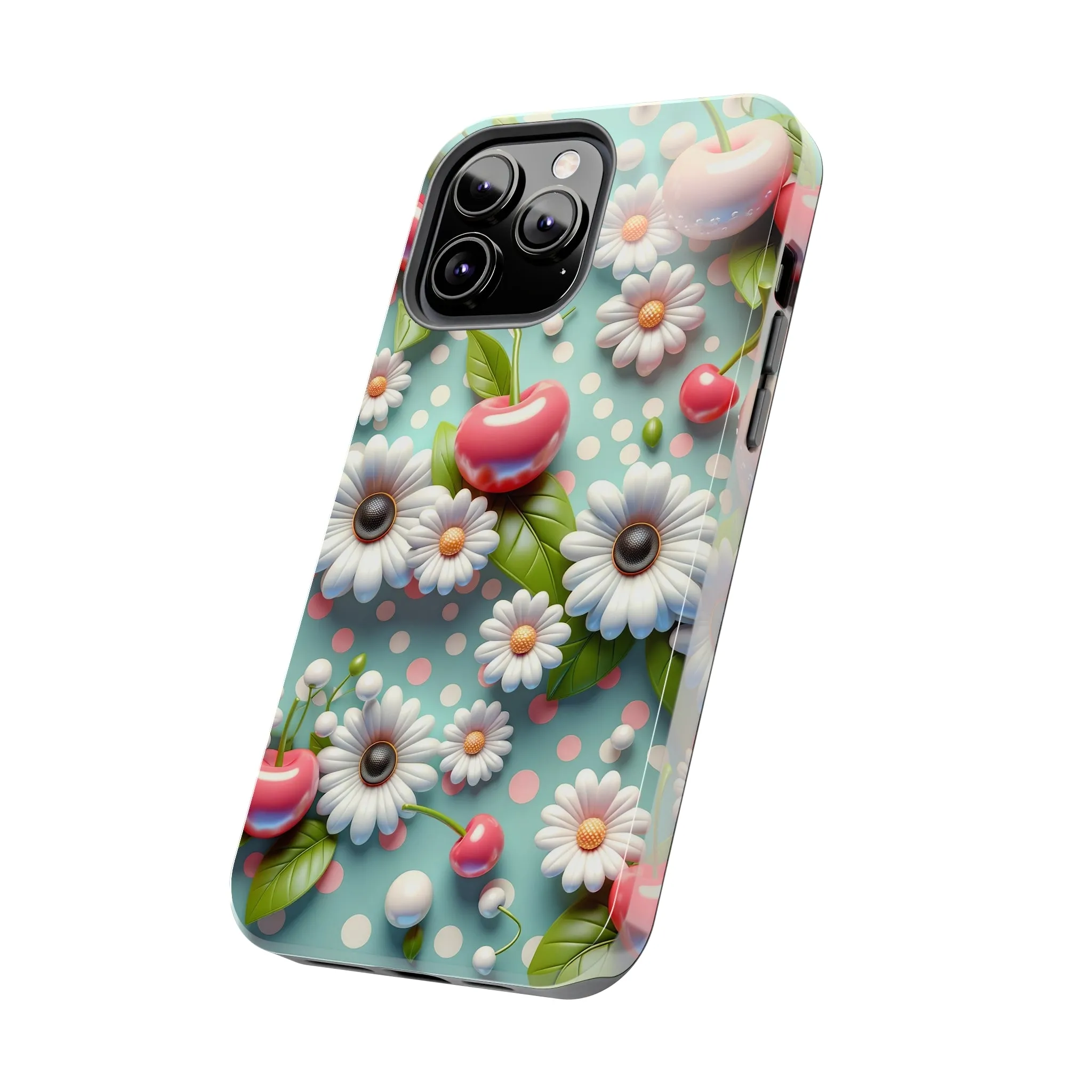 Cute Cherries and Flowers Digital print Design Tough Phone Case compatible with a large variety of iPhone models, Gift, Phone Case