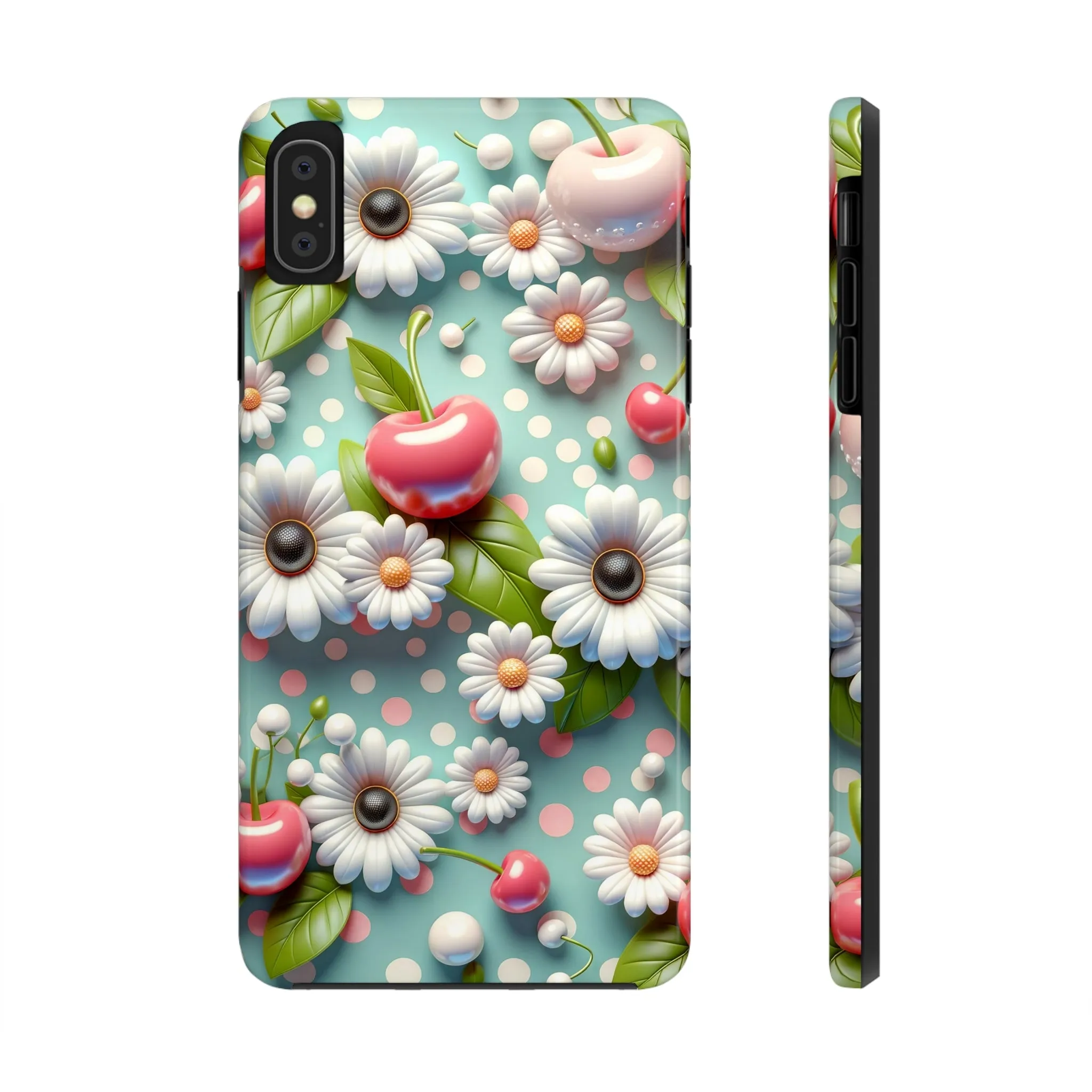 Cute Cherries and Flowers Digital print Design Tough Phone Case compatible with a large variety of iPhone models, Gift, Phone Case