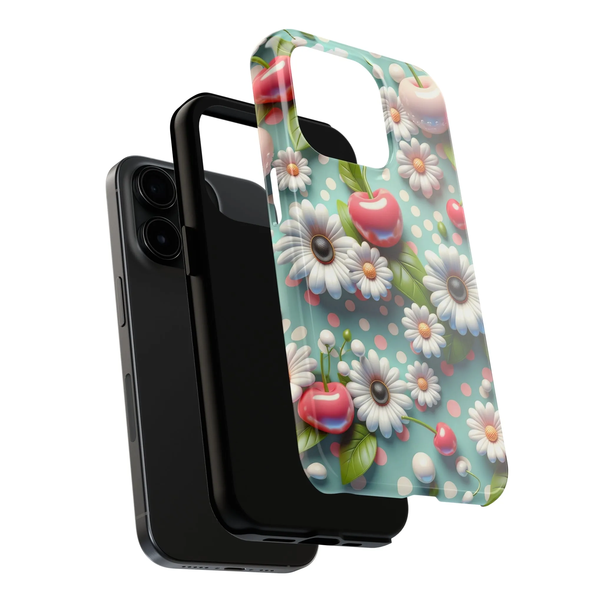 Cute Cherries and Flowers Digital print Design Tough Phone Case compatible with a large variety of iPhone models, Gift, Phone Case