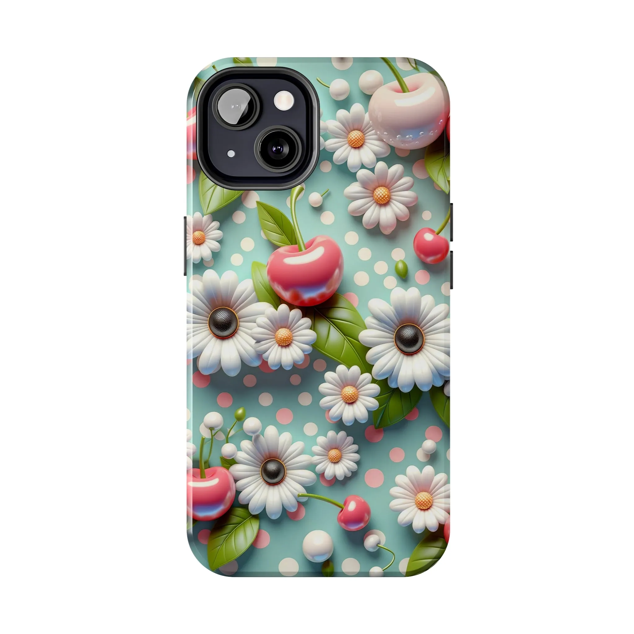 Cute Cherries and Flowers Digital print Design Tough Phone Case compatible with a large variety of iPhone models, Gift, Phone Case