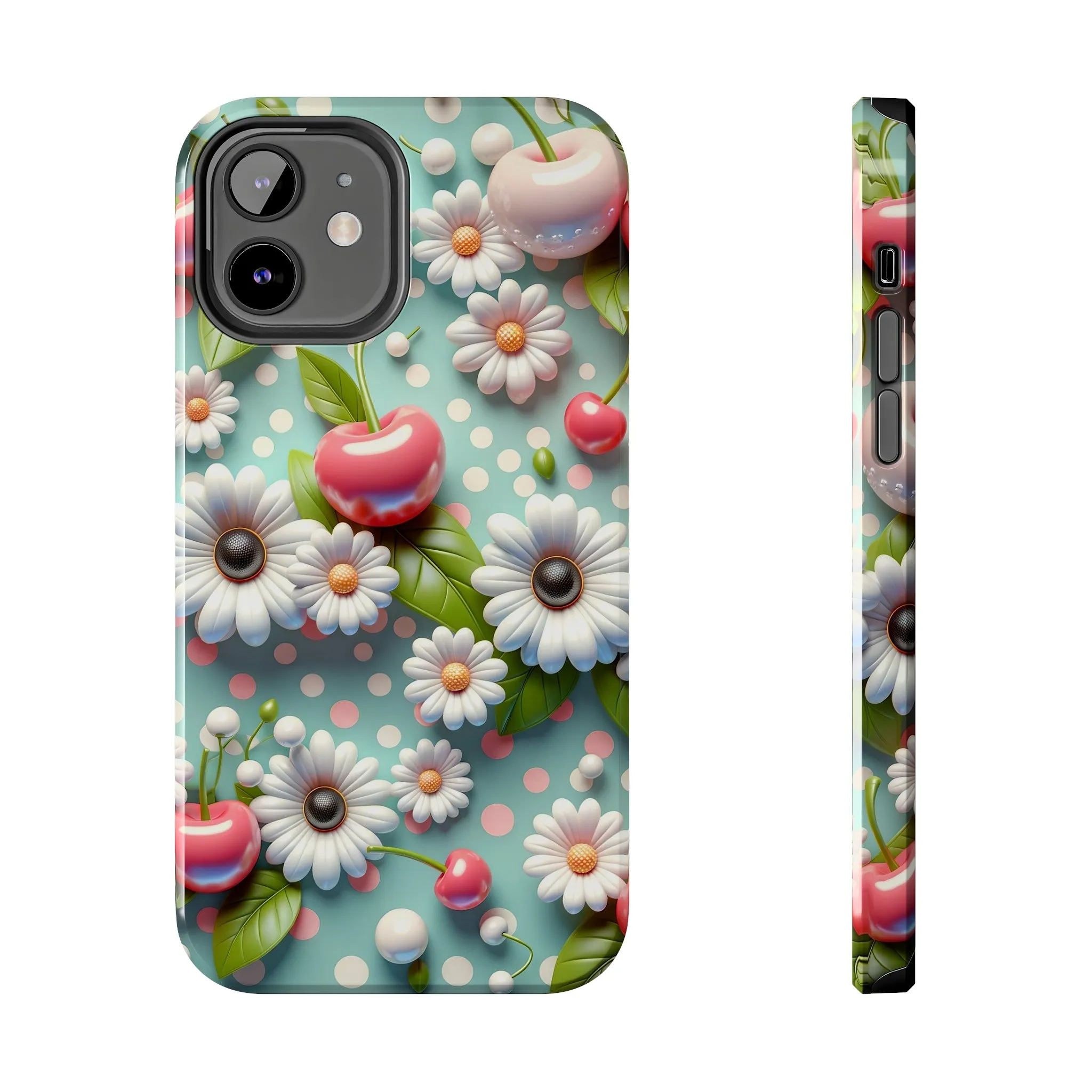 Cute Cherries and Flowers Digital print Design Tough Phone Case compatible with a large variety of iPhone models, Gift, Phone Case