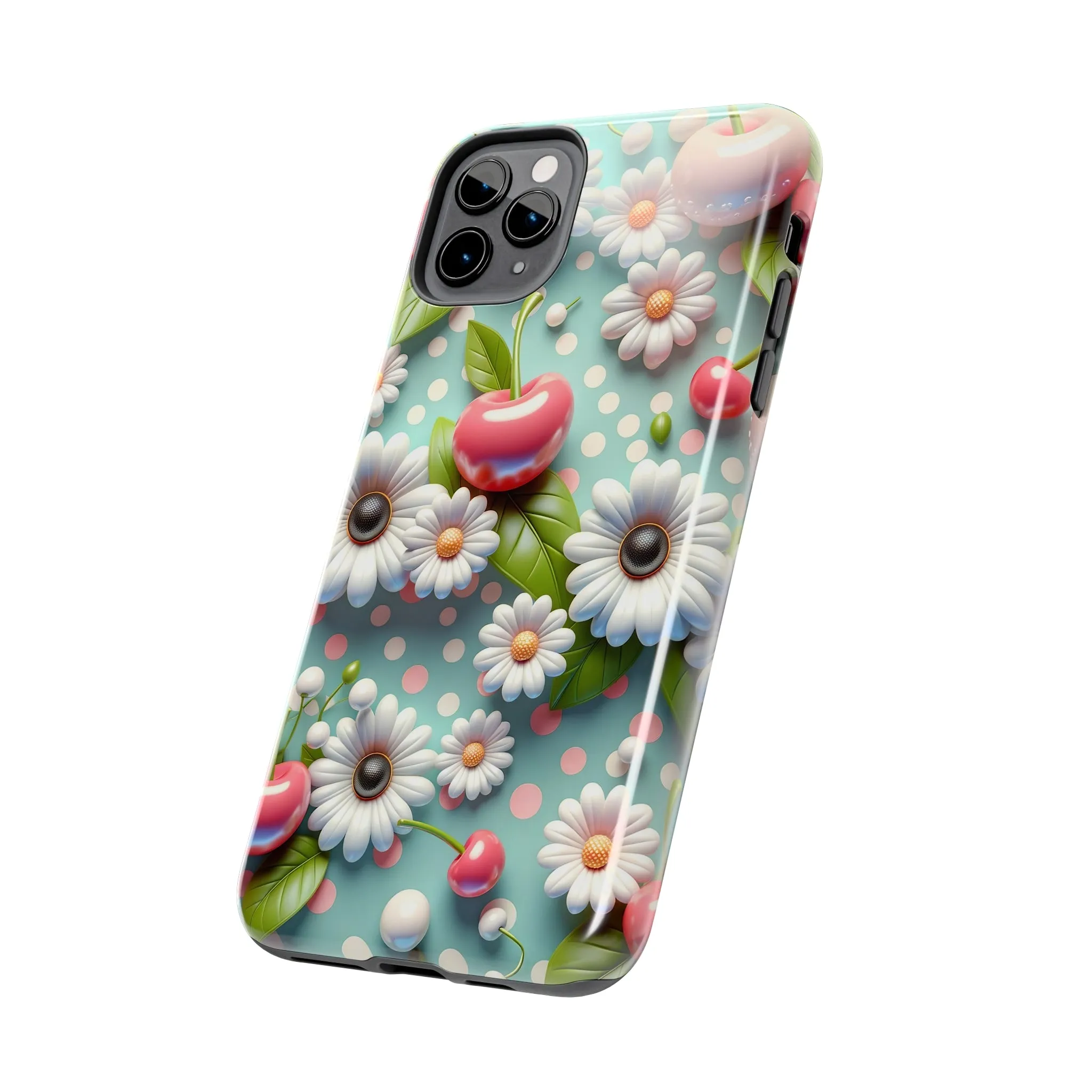 Cute Cherries and Flowers Digital print Design Tough Phone Case compatible with a large variety of iPhone models, Gift, Phone Case