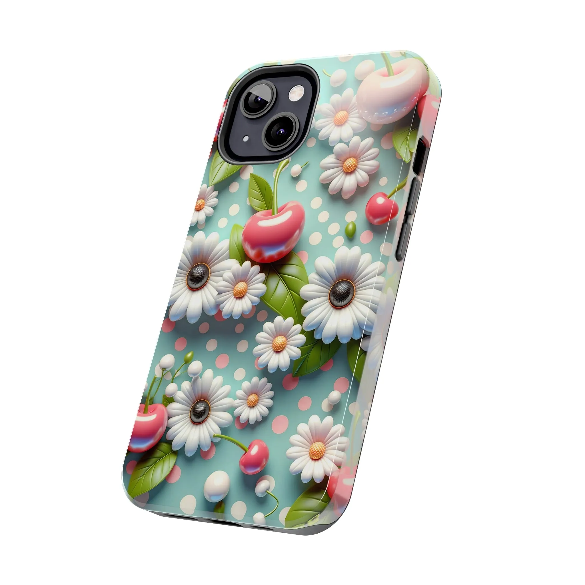 Cute Cherries and Flowers Digital print Design Tough Phone Case compatible with a large variety of iPhone models, Gift, Phone Case