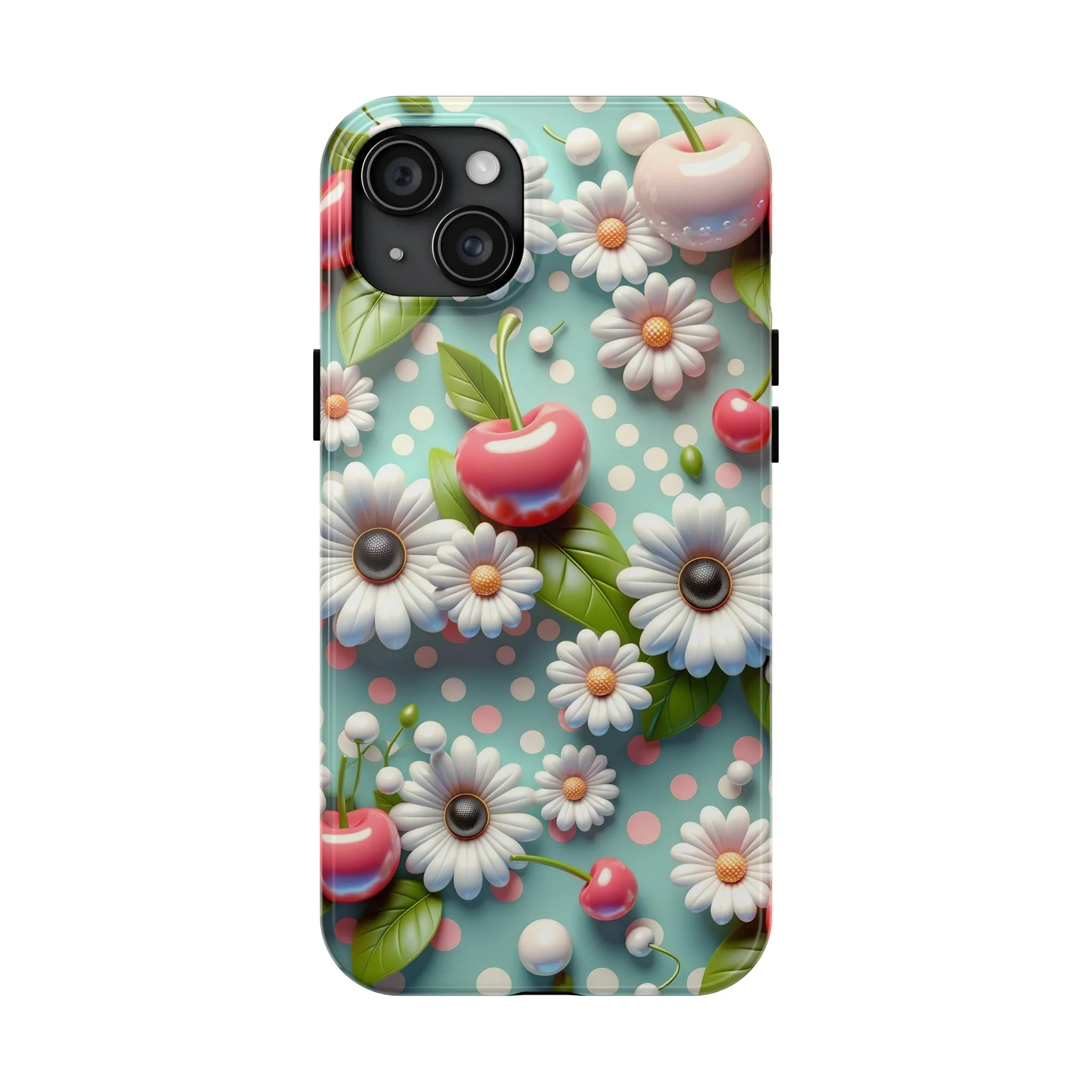 Cute Cherries and Flowers Digital print Design Tough Phone Case compatible with a large variety of iPhone models, Gift, Phone Case