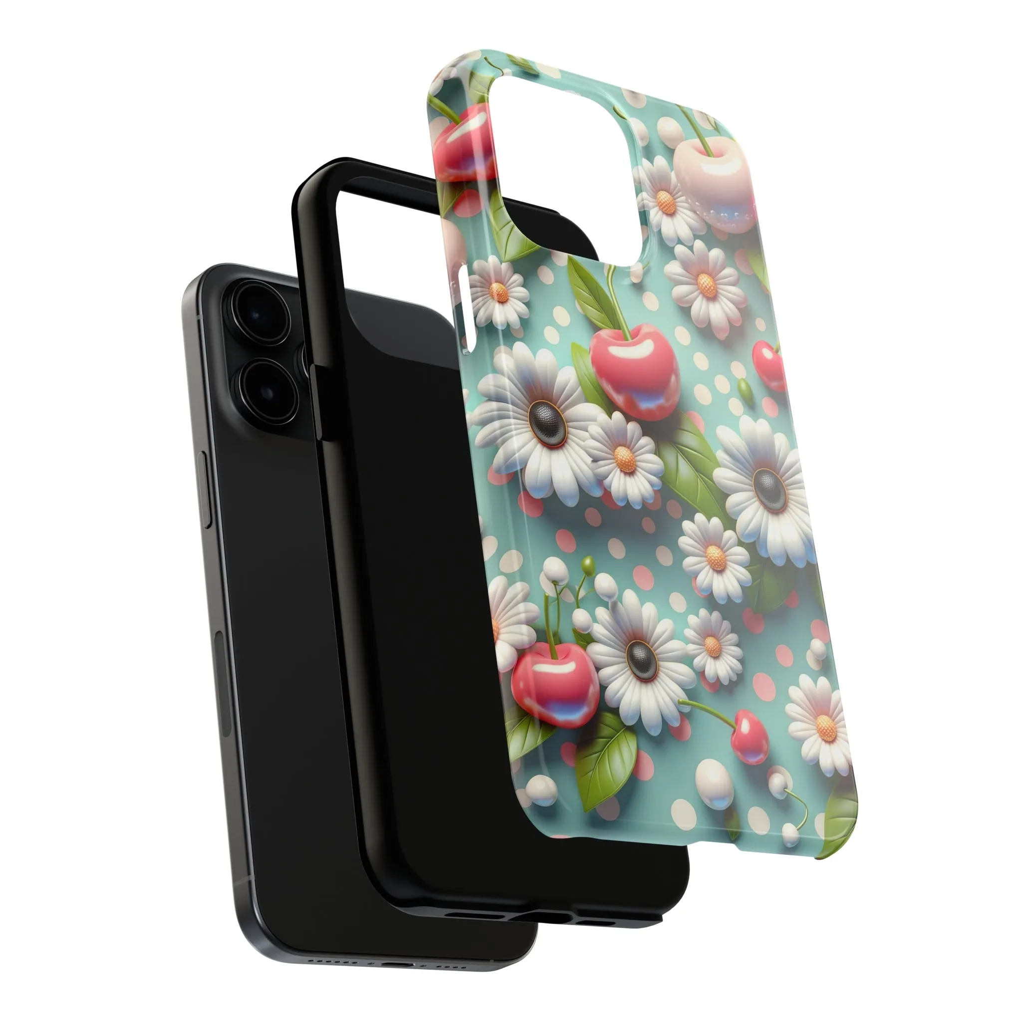 Cute Cherries and Flowers Digital print Design Tough Phone Case compatible with a large variety of iPhone models, Gift, Phone Case