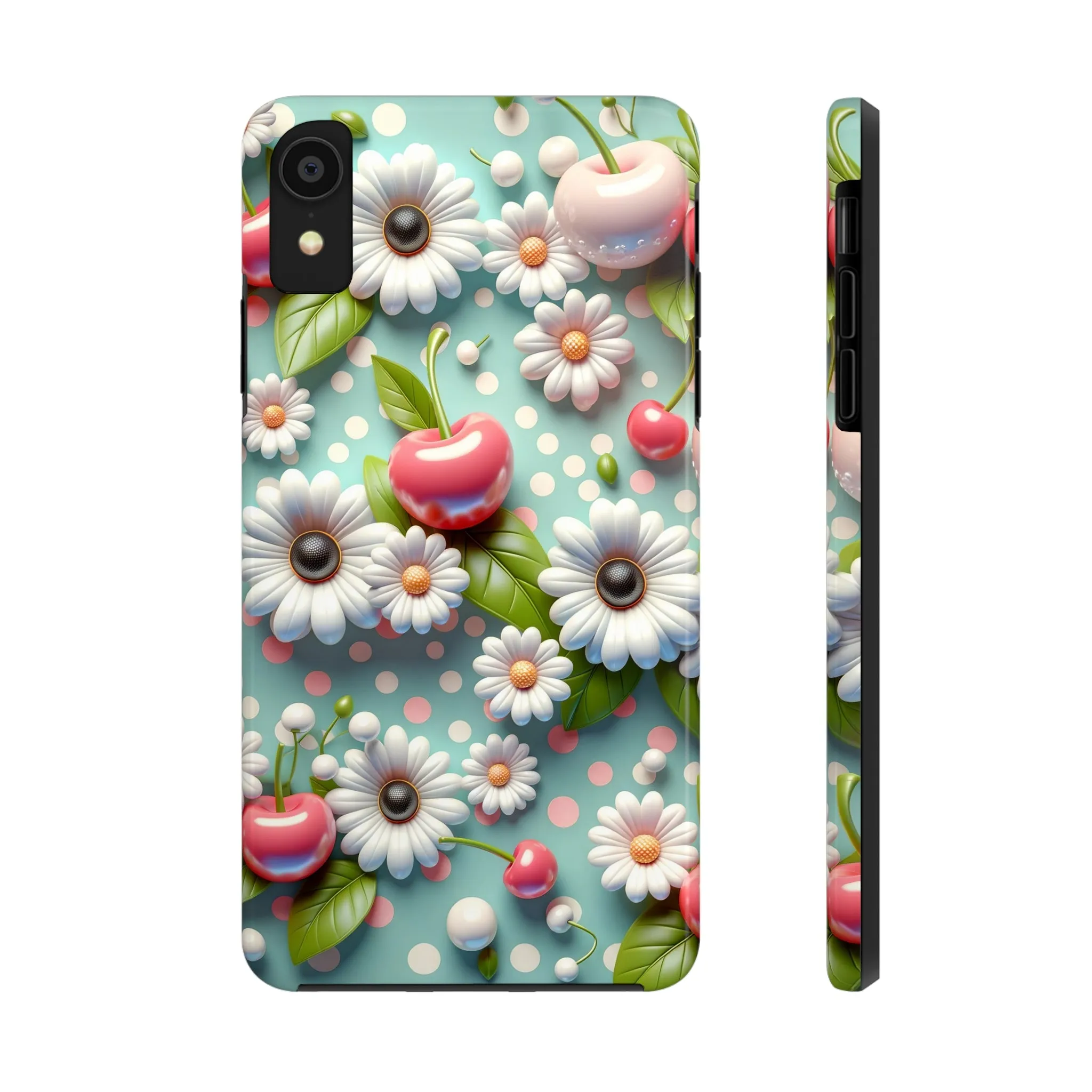 Cute Cherries and Flowers Digital print Design Tough Phone Case compatible with a large variety of iPhone models, Gift, Phone Case